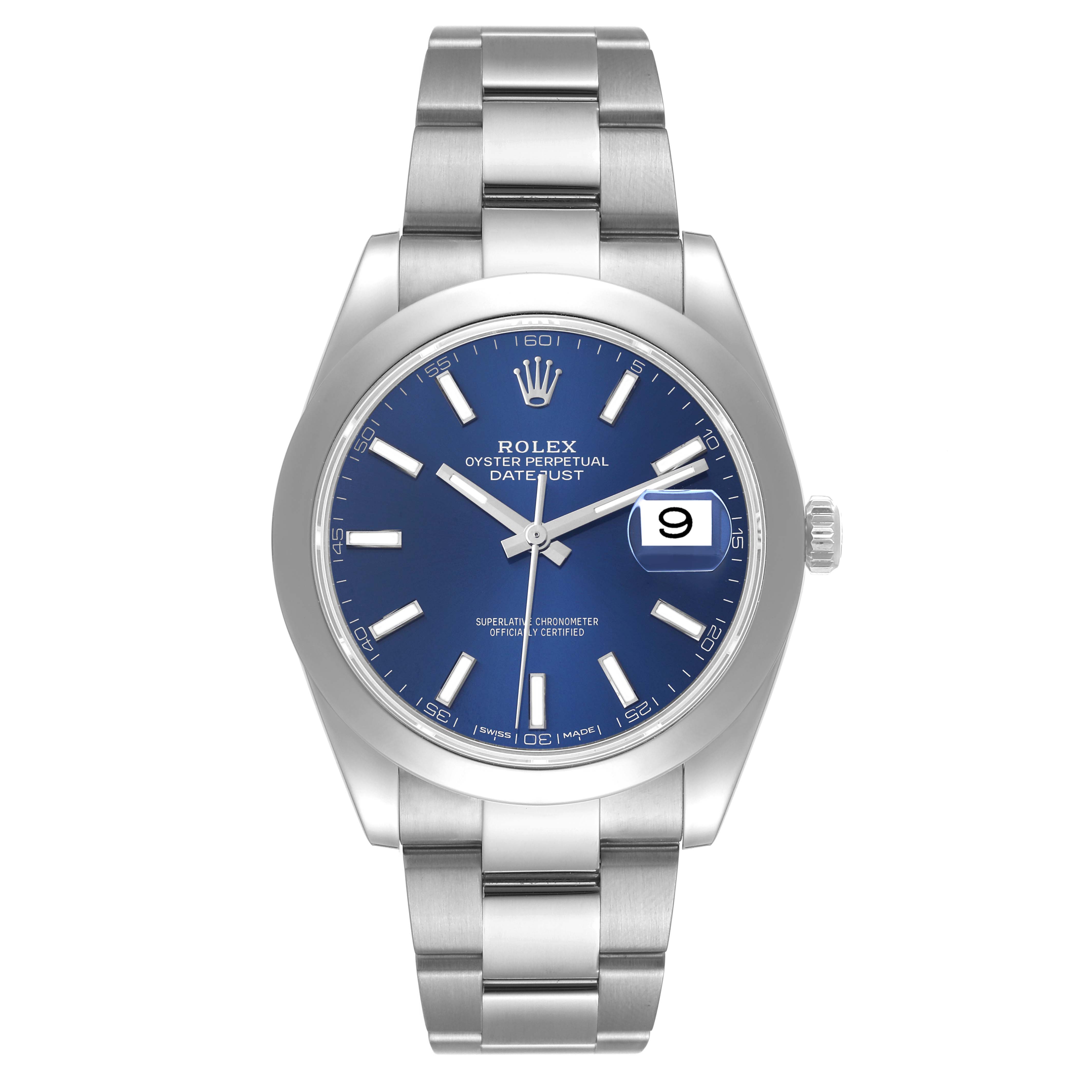 The image shows a front view of a Rolex Datejust 41 116300 Men's Stainless Steel Blue Dial 116300 Men's Stainless Steel Blue Dial watch, displaying its blue dial, date window, and stainless steel bracelet.