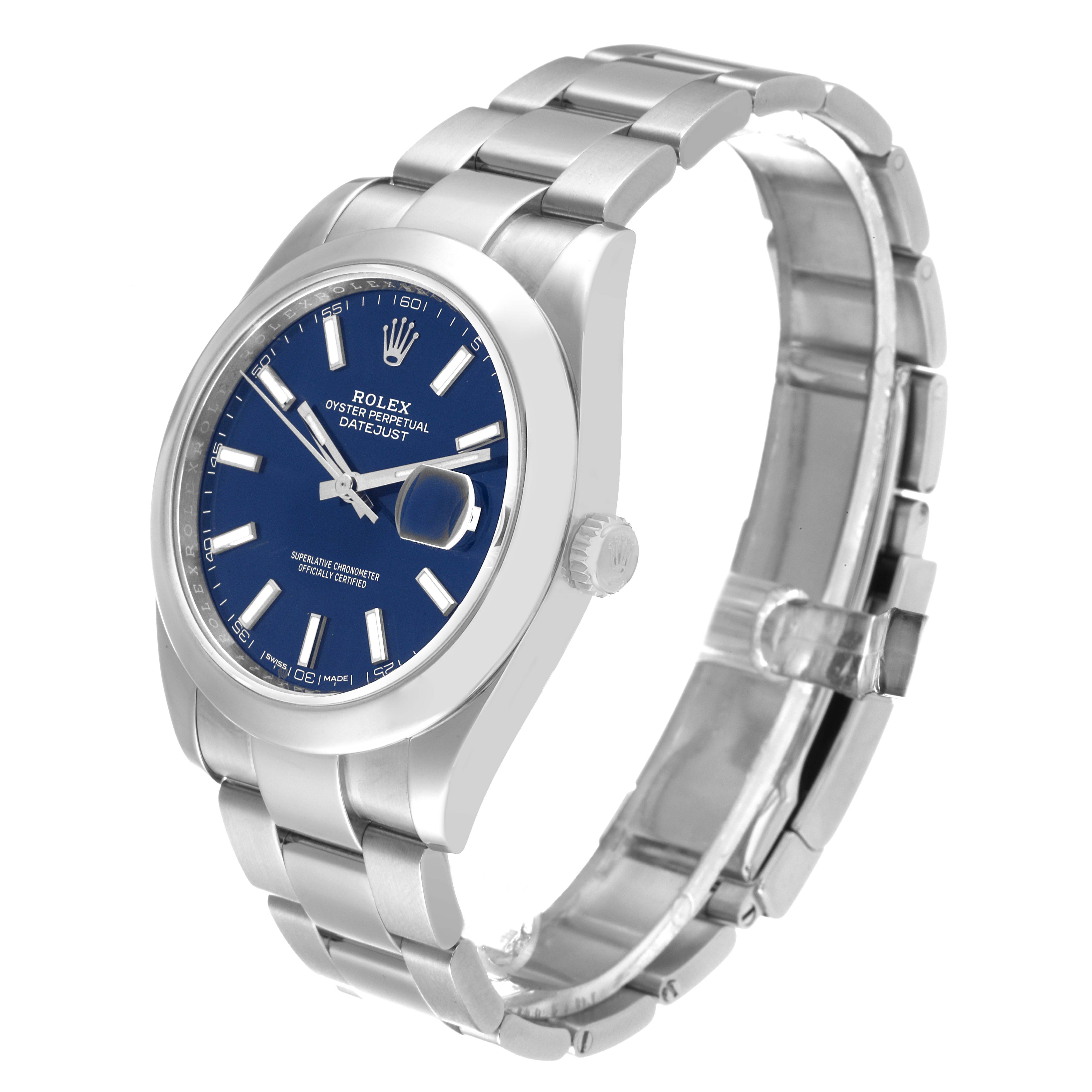 The Rolex Datejust 41 116300 Men's Stainless Steel Blue Dial 116300 Men's Stainless Steel Blue Dial watch is shown at a 3/4 angle, displaying its face, bracelet, crown, and side profile.