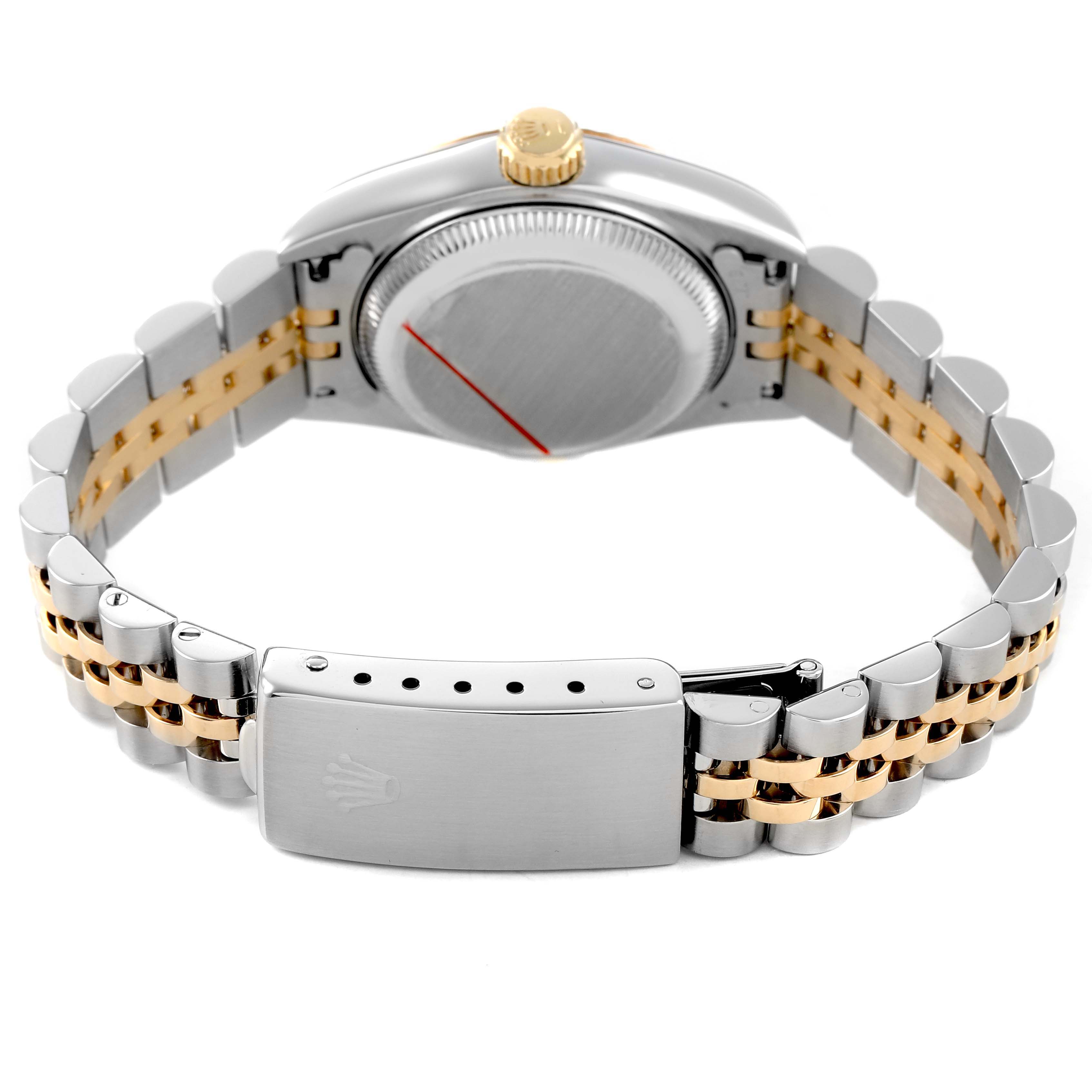 The image shows the back view of a Rolex Datejust 69173 Women's Steel and Gold (two tone) White Dial, highlighting the case back, crown, and two-tone bracelet with a clasp.
