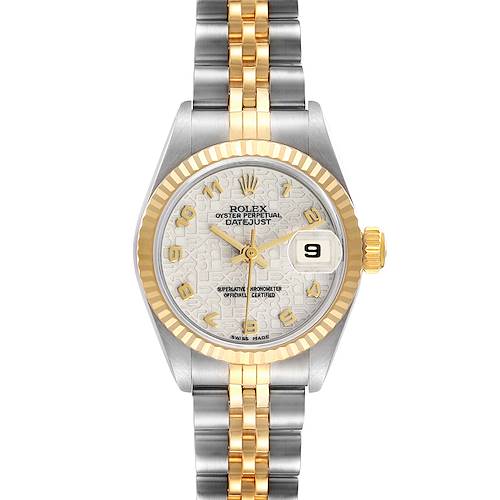 The Rolex Datejust 69173 Women's Steel and Gold (two tone) White Dial watch is shown from a front angle, displaying its dial, bezel, and bracelet.