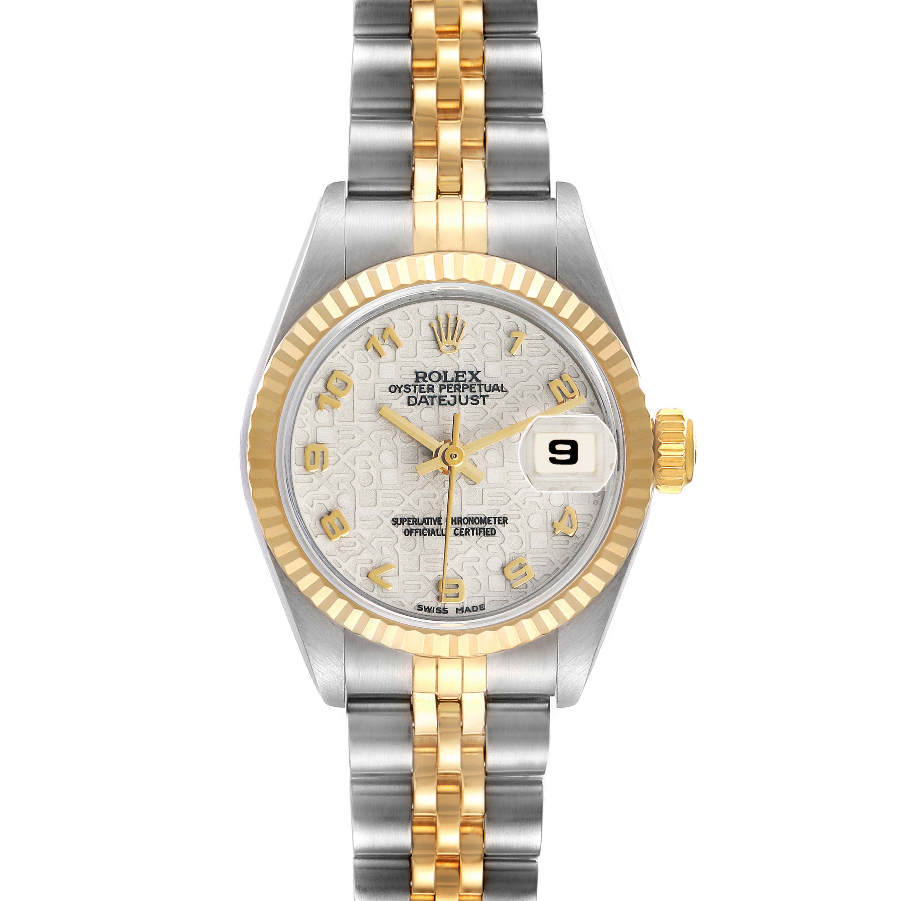 The Rolex Datejust 69173 Women's Steel and Gold (two tone) White Dial watch is shown from a front angle, featuring the watch face, fluted bezel, two-tone bracelet, and date window.