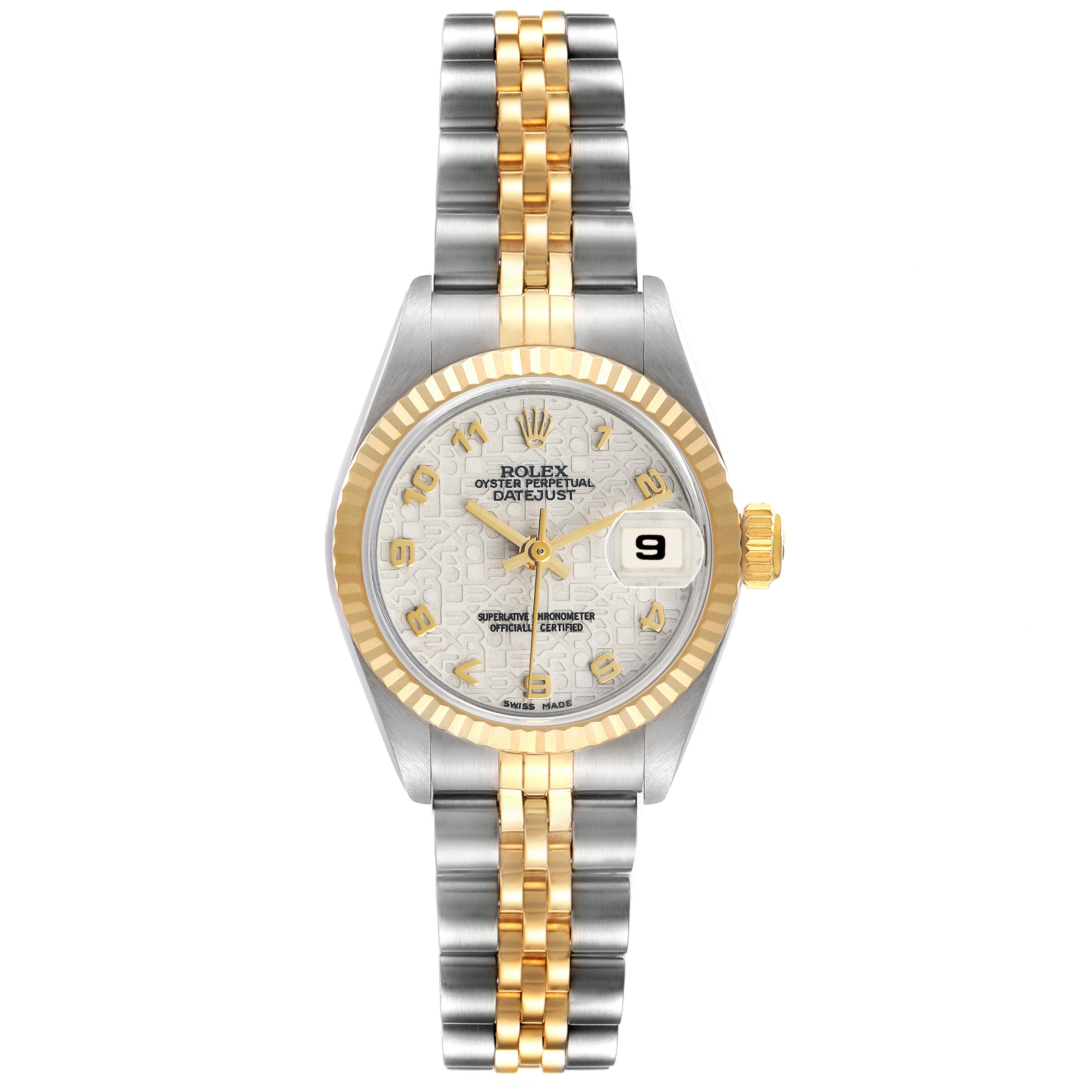 The Rolex Datejust 69173 Women's Steel and Gold (two tone) White Dial model is shown from the front, displaying its face, dial, fluted bezel, and two-tone Jubilee bracelet.