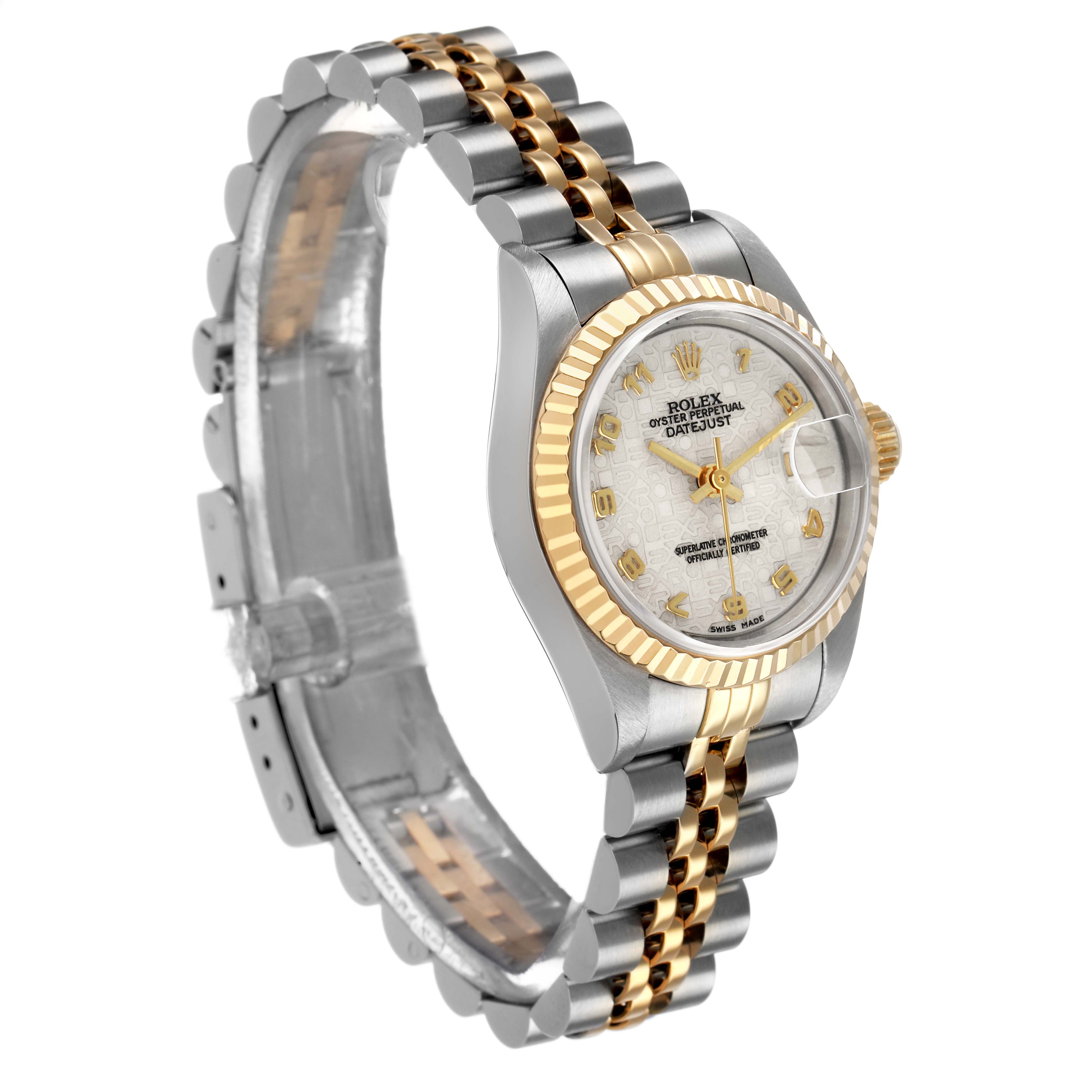 The Rolex Datejust 69173 Women's Steel and Gold (two tone) White Dial watch is shown from a three-quarter angle, displaying the bracelet, bezel, and dial.