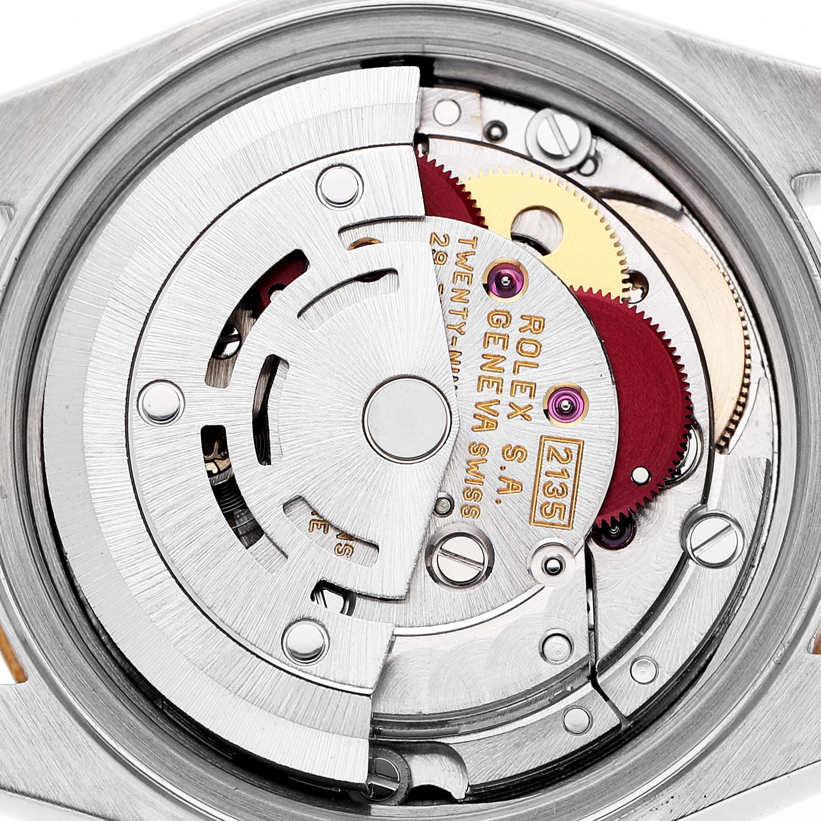 This image shows the movement and inner workings of a Rolex Datejust 69173 Women's Steel and Gold (two tone) White Dial watch from a top-down angle.