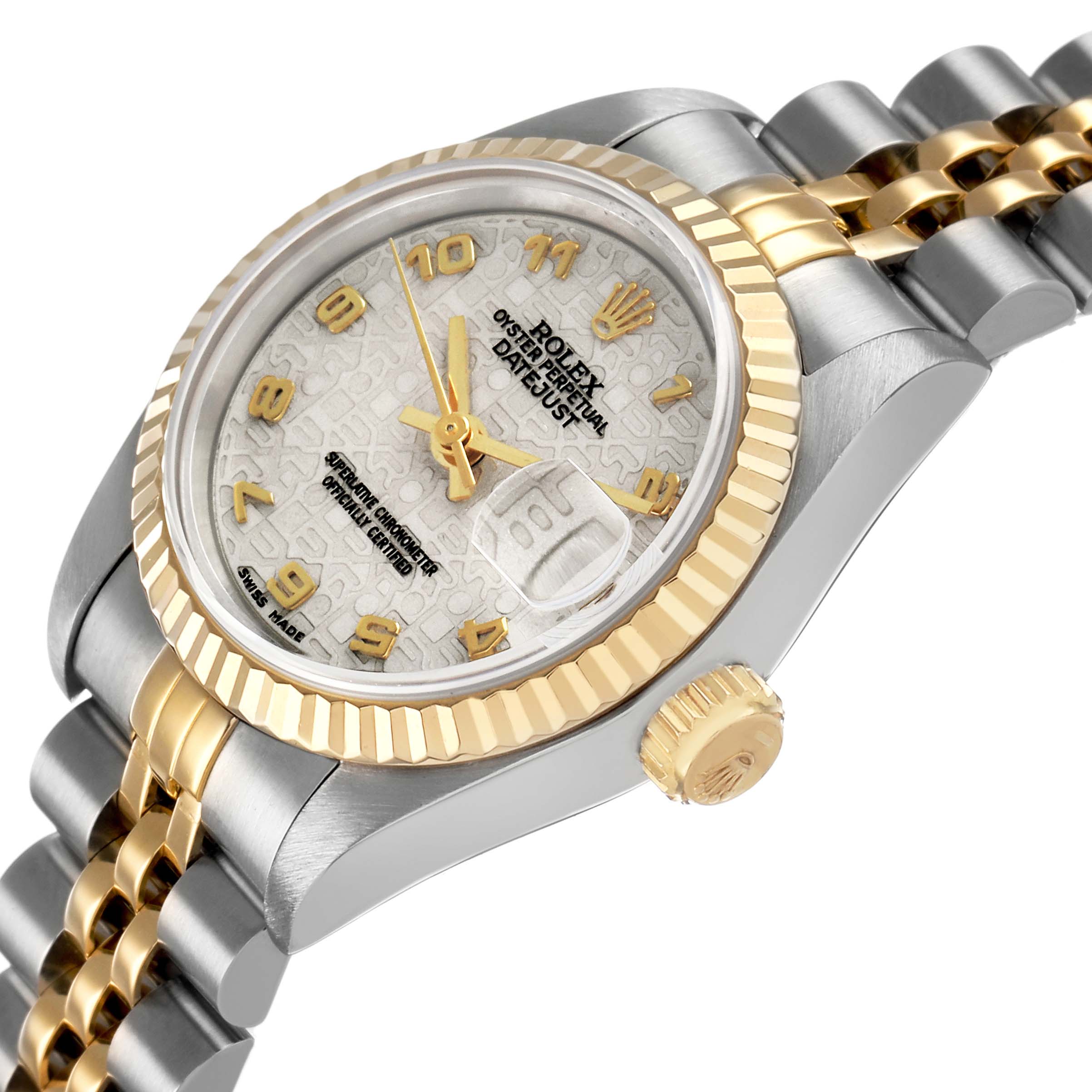 The Rolex Datejust 69173 Women's Steel and Gold (two tone) White Dial watch is shown at an angle displaying the face, bezel, crown, and part of the bracelet.