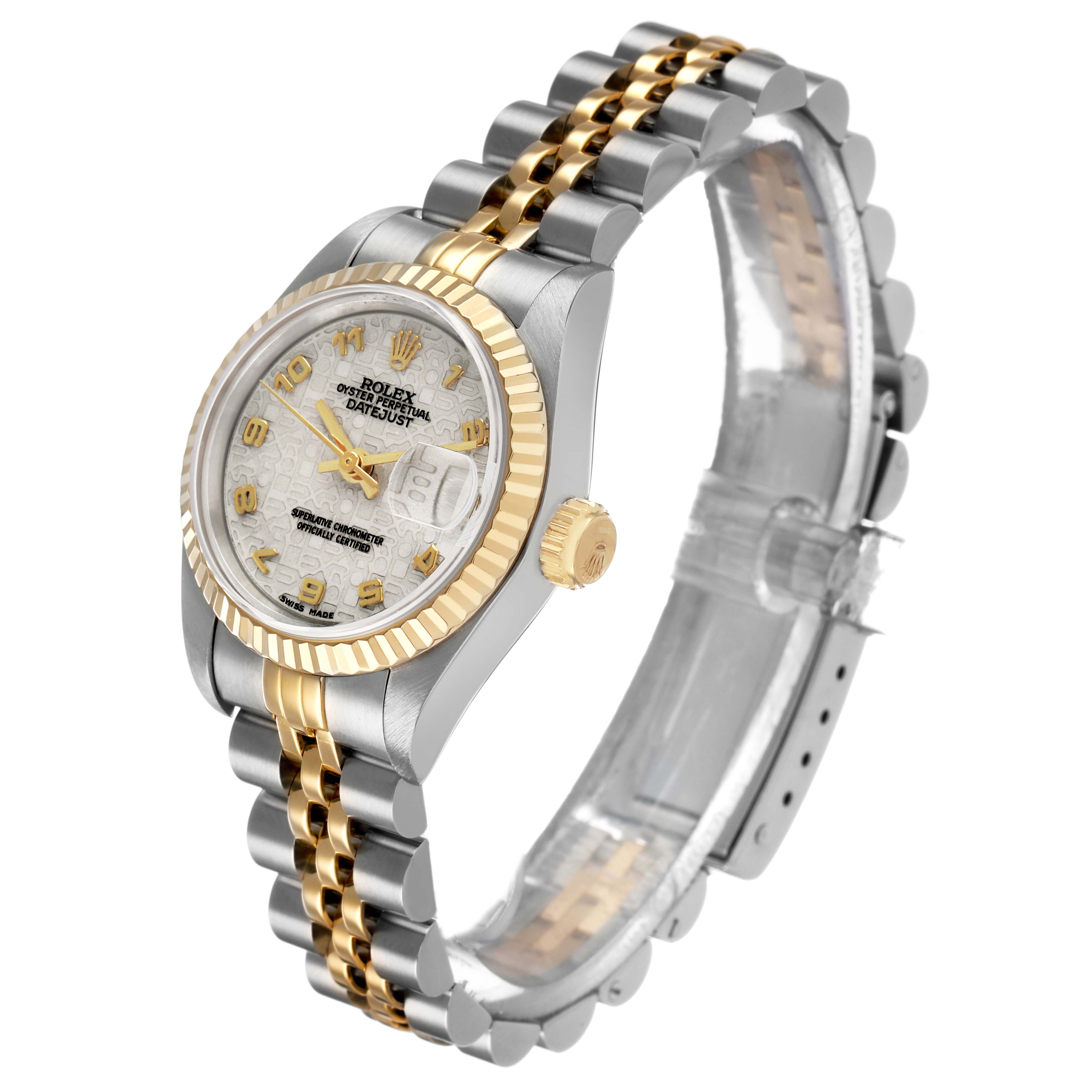 The Rolex Datejust 69173 Women's Steel and Gold (two tone) White Dial watch is shown at an angle highlighting the face, bezel, and bracelet.