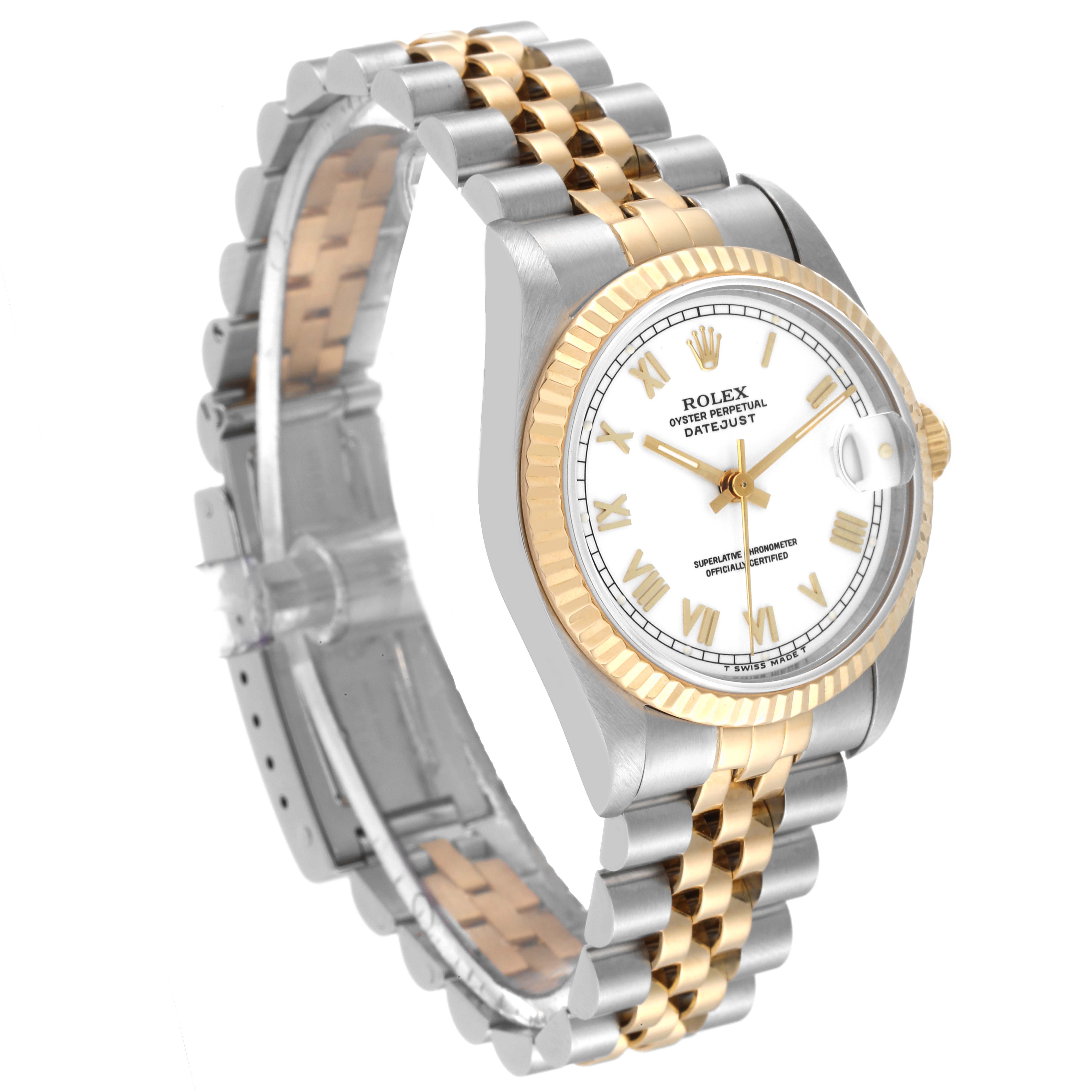 This image shows a Rolex Mid-Size 68273 Women
s Steel and Gold (two tone) White Dial 68273 Women
s Steel and Gold (two tone) White Dial Datejust watch from a three-quarter angle, highlighting the face, bezel, and bracelet.