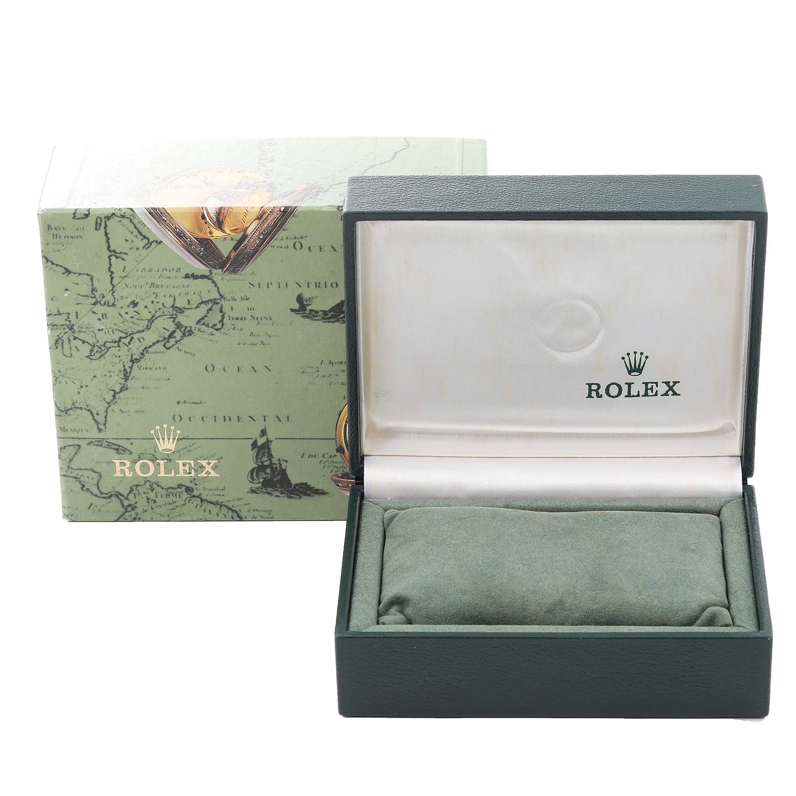 This image shows the Rolex Mid-Size 68273 Women
s Steel and Gold (two tone) White Dial 68273 Women
s Steel and Gold (two tone) White Dial model
s watch box, including the outer box and the cushioned inner case.