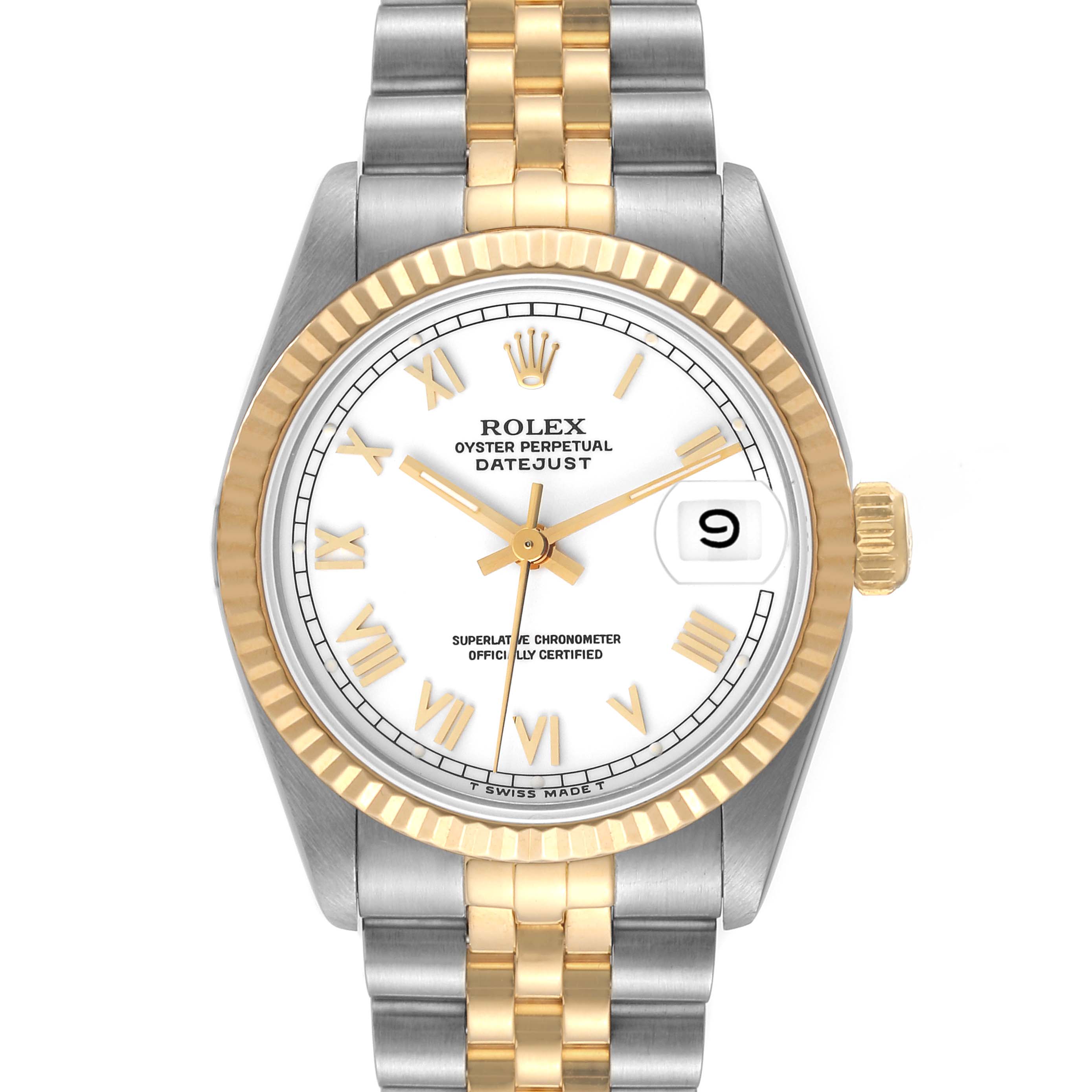 This is a front view of a Rolex Mid-Size 68273 Women
s Steel and Gold (two tone) White Dial 68273 Women
s Steel and Gold (two tone) White Dial Datejust watch, showing the dial, bezel, crown, and bracelet.