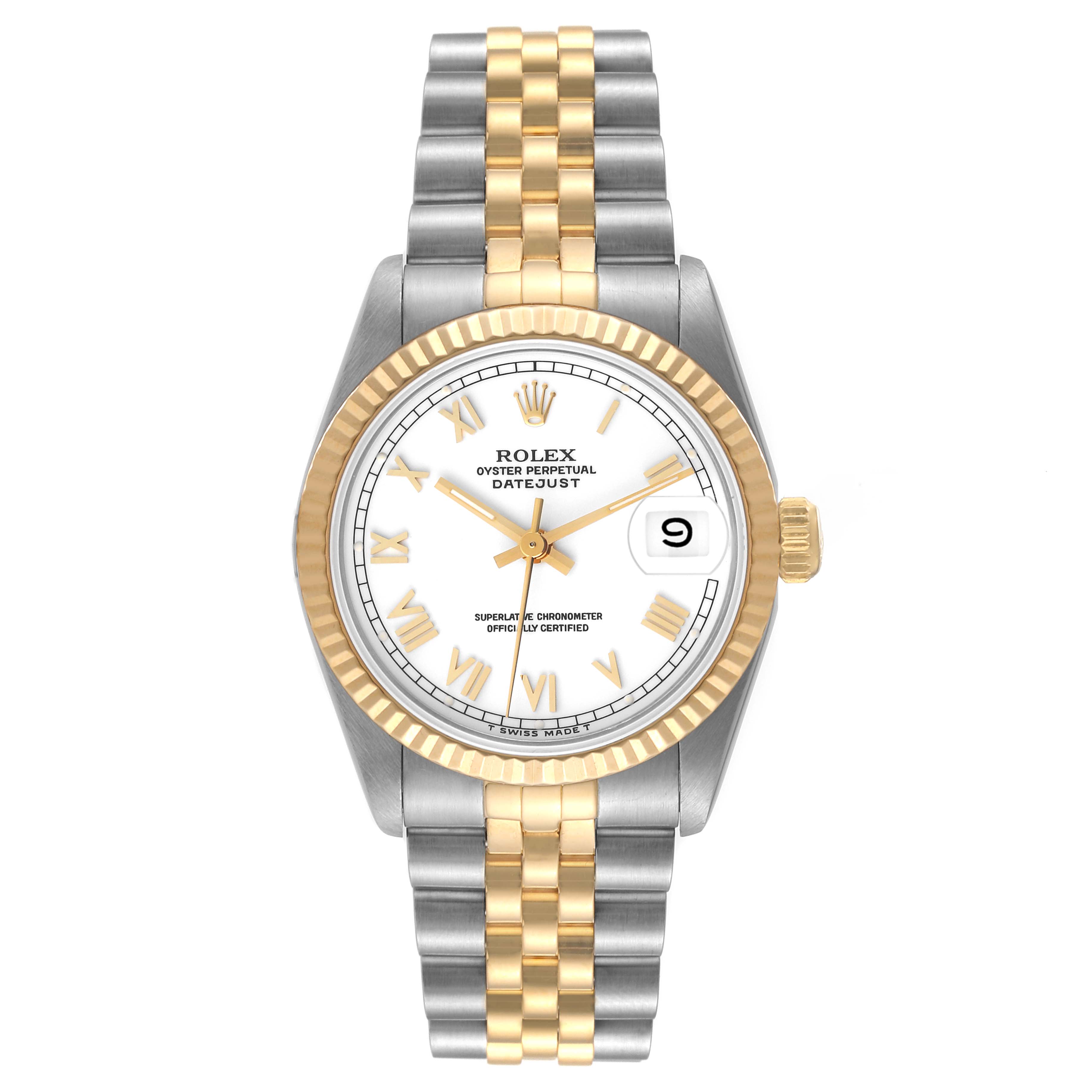 The Rolex Mid-Size 68273 Women
s Steel and Gold (two tone) White Dial 68273 Women
s Steel and Gold (two tone) White Dial Datejust watch is shown from a head-on angle, highlighting its two-tone bracelet, bezel, and white dial with date window.
