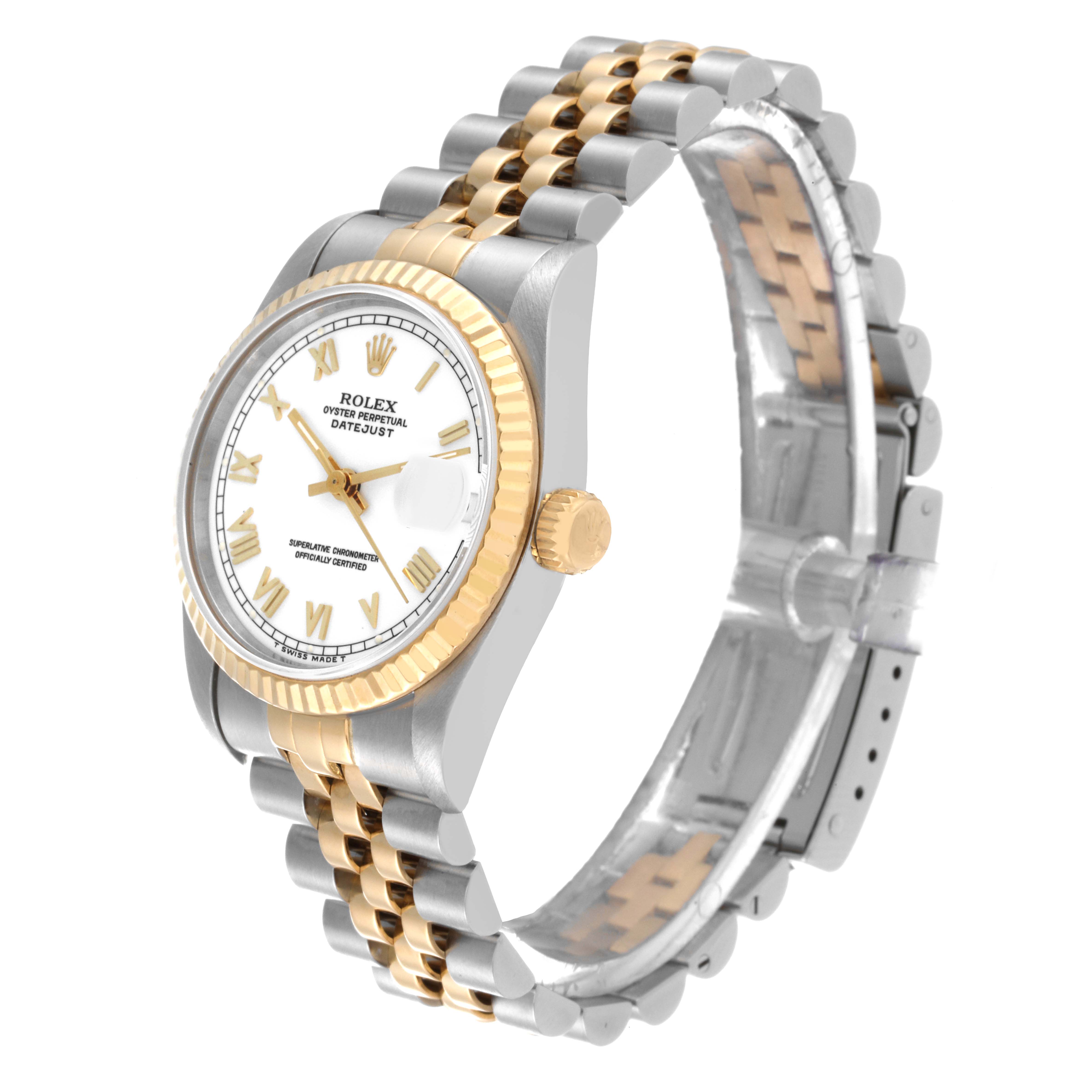 This image shows a side view angle of the Rolex Mid-Size 68273 Women
s Steel and Gold (two tone) White Dial 68273 Women
s Steel and Gold (two tone) White Dial model, displaying the watch face, bezel, crown, and part of the bracelet.
