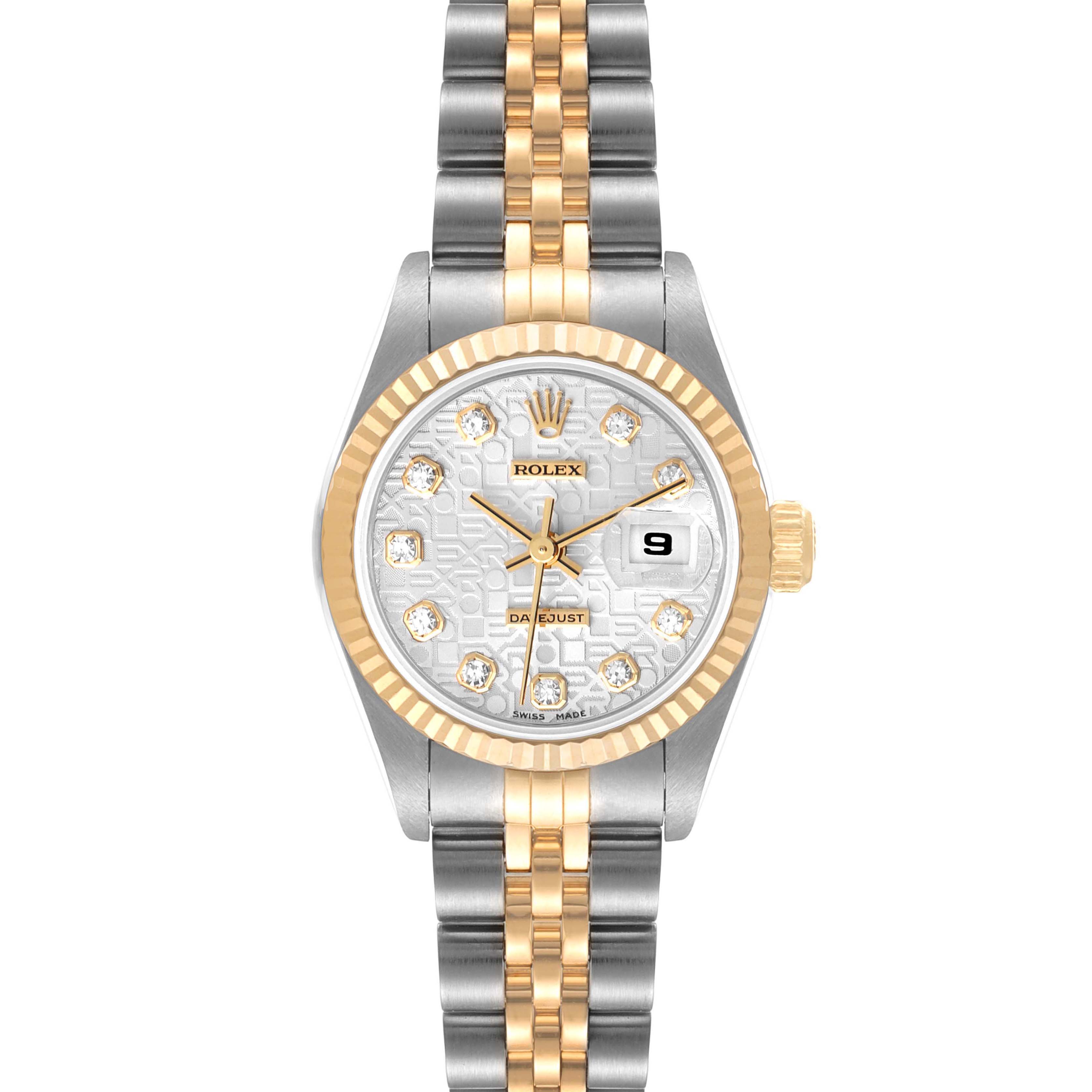 This image shows a front view of the Rolex Datejust 69173 Women
s Steel and Gold (two tone) Silver Dial 69173 Women
s Steel and Gold (two tone) Silver Dial watch, highlighting the dial, bezel, and two-tone bracelet.