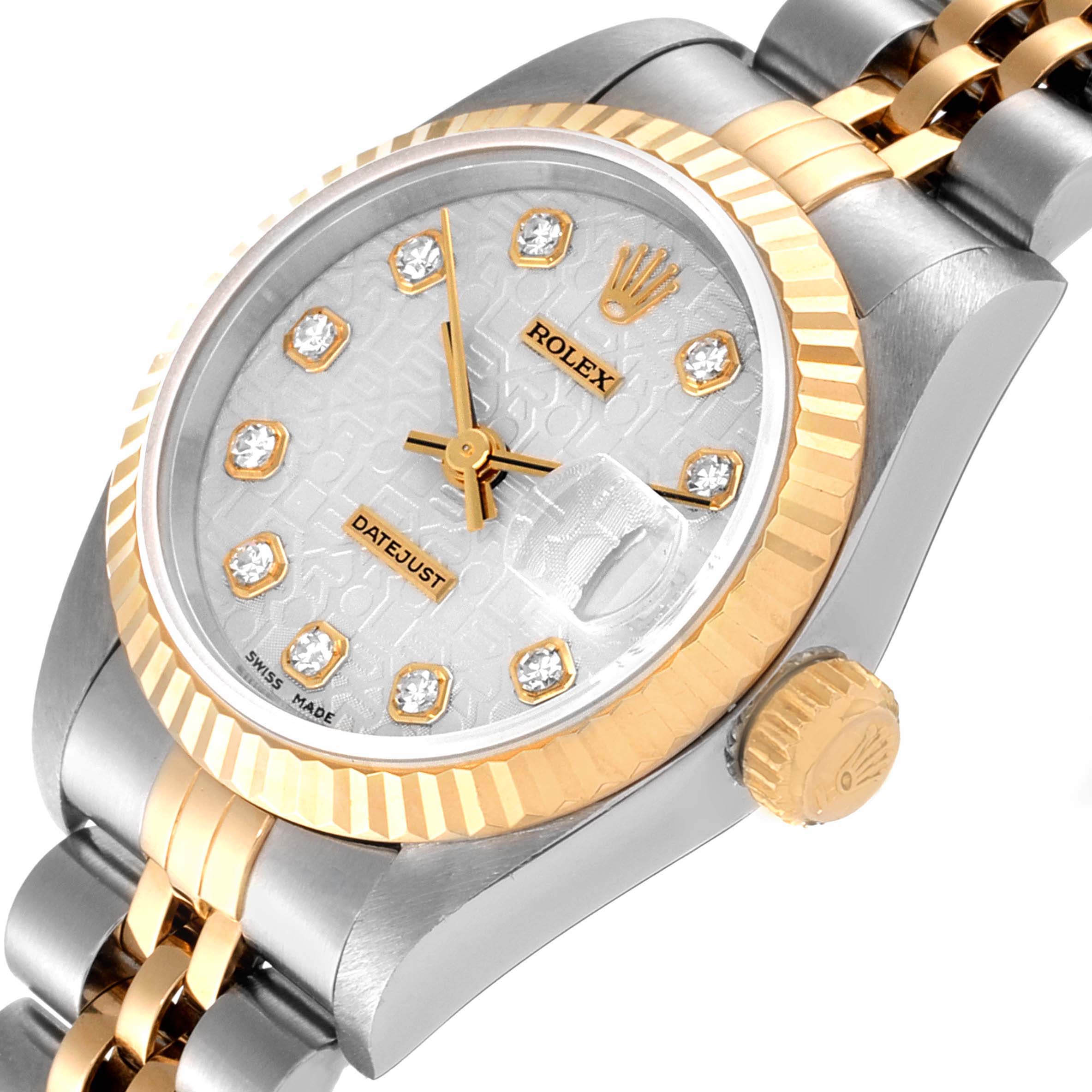 The image shows a close-up view of the Rolex Datejust 69173 Women
s Steel and Gold (two tone) Silver Dial 69173 Women
s Steel and Gold (two tone) Silver Dial watch, highlighting its dial, bezel, and partial bracelet.