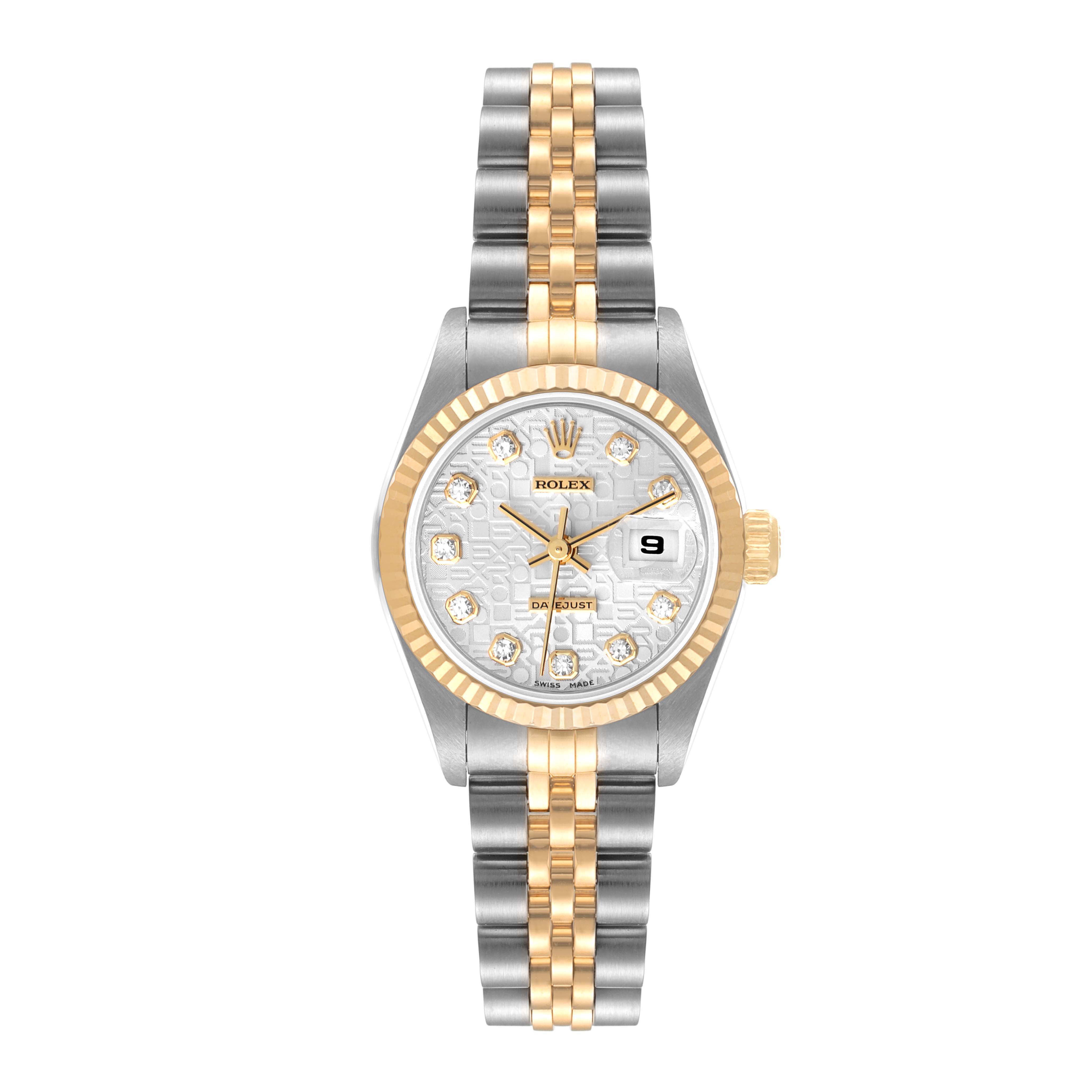 This image shows a Rolex Datejust 69173 Women
s Steel and Gold (two tone) Silver Dial 69173 Women
s Steel and Gold (two tone) Silver Dial watch from a front angle, featuring a two-tone gold and silver bracelet and a diamond-studded dial.