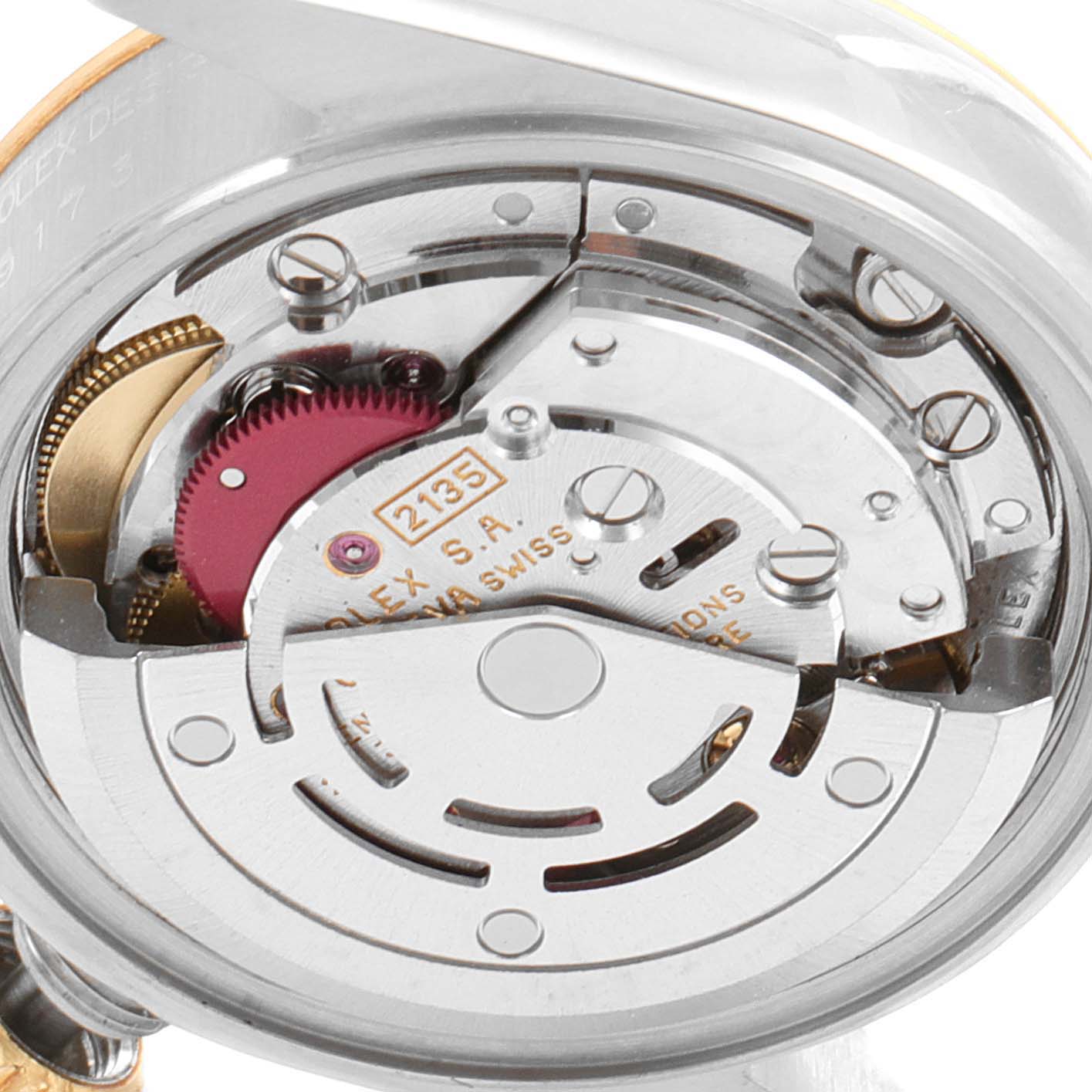 This image shows a close-up view of the movement mechanism of a Rolex Datejust 69173 Women
s Steel and Gold (two tone) Silver Dial 69173 Women
s Steel and Gold (two tone) Silver Dial watch.