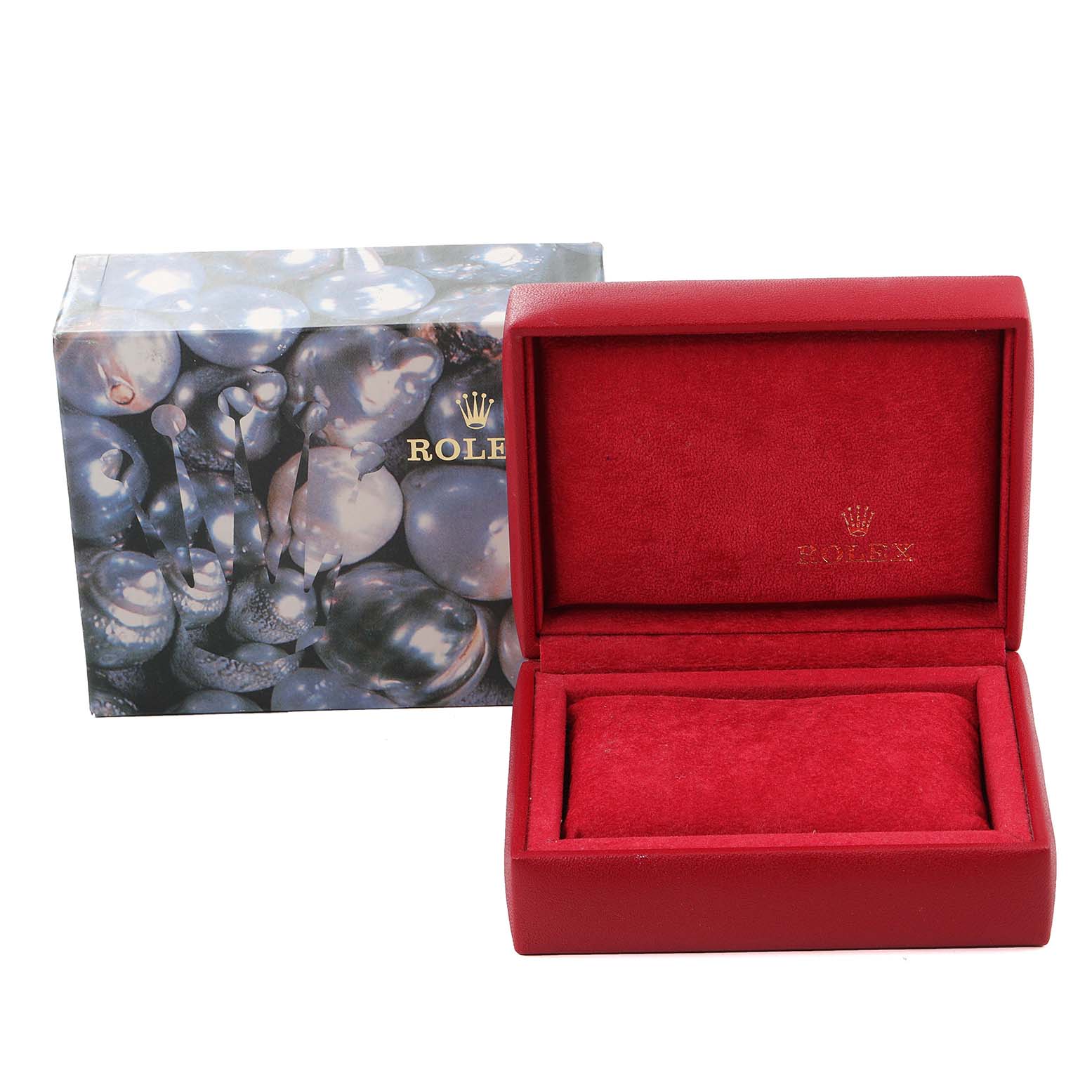 This image shows a Rolex Datejust 69173 Women
s Steel and Gold (two tone) Silver Dial 69173 Women
s Steel and Gold (two tone) Silver Dial watch box and an open red case without the watch, viewed from the front.