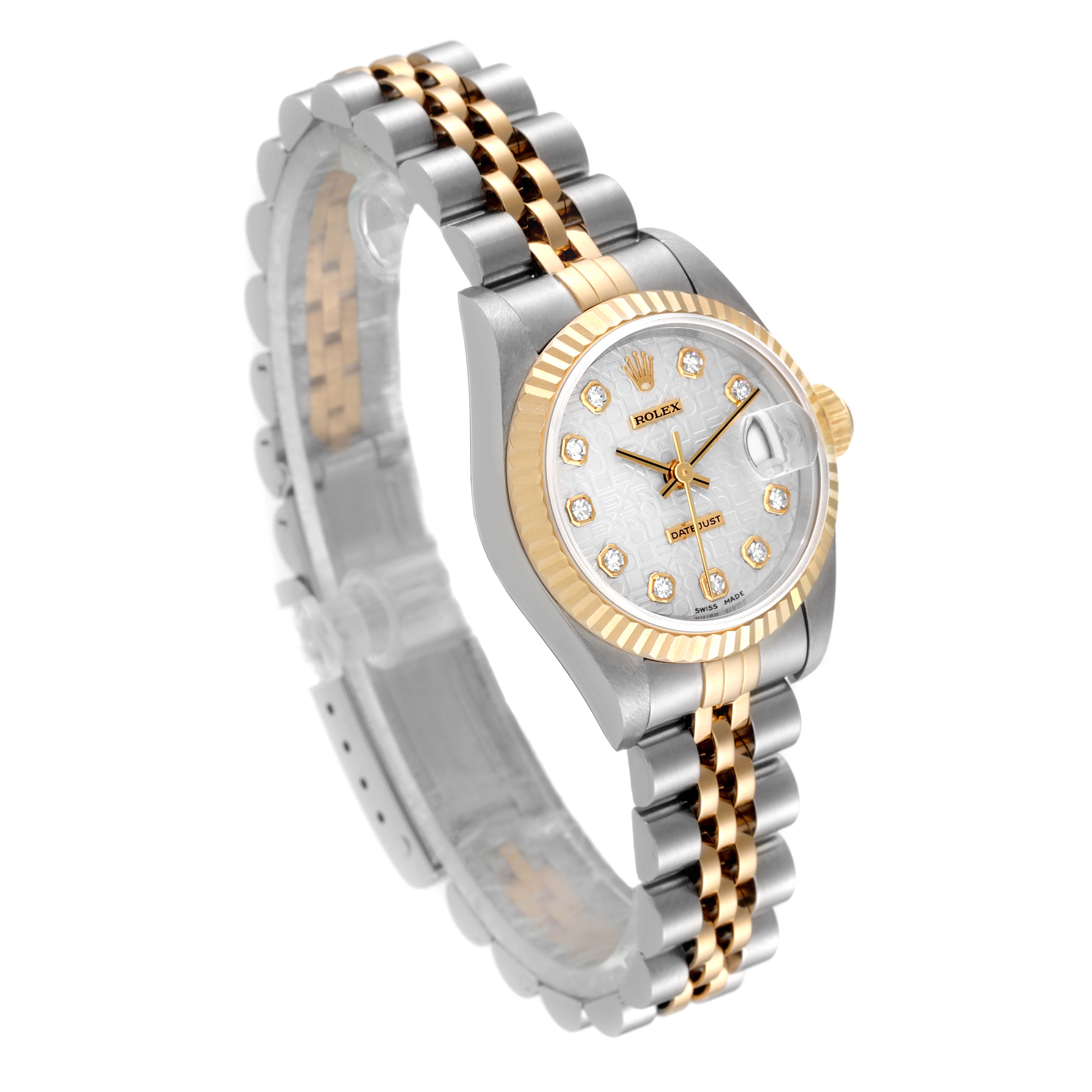 This image shows a Rolex Datejust 69173 Women
s Steel and Gold (two tone) Silver Dial 69173 Women
s Steel and Gold (two tone) Silver Dial watch at a three-quarter angle, highlighting the face, bezel, and bracelet.