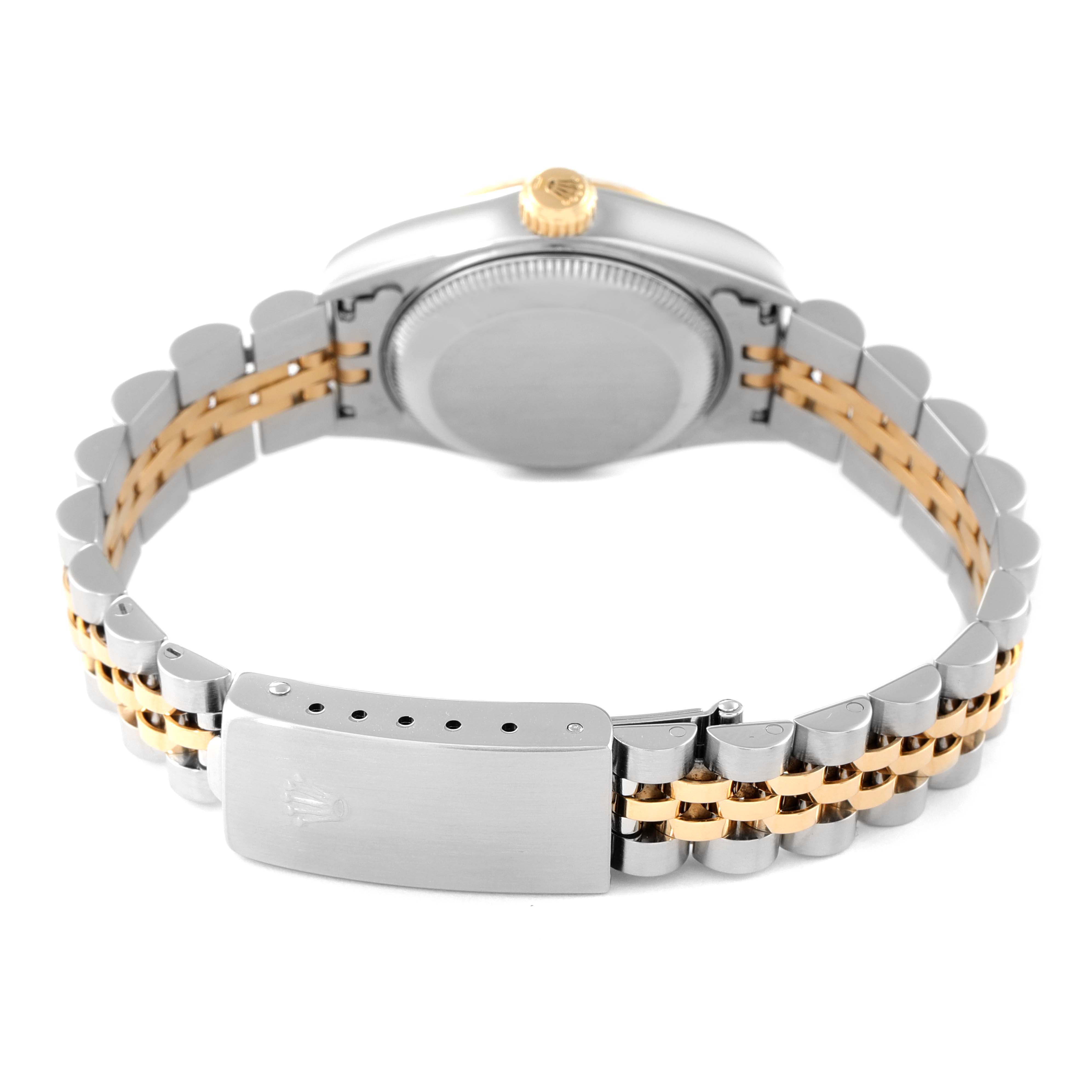 The image shows the back and bracelet of a Rolex Datejust 69173 Women
s Steel and Gold (two tone) Silver Dial 69173 Women
s Steel and Gold (two tone) Silver Dial watch, highlighting its two-tone metal design and clasp.