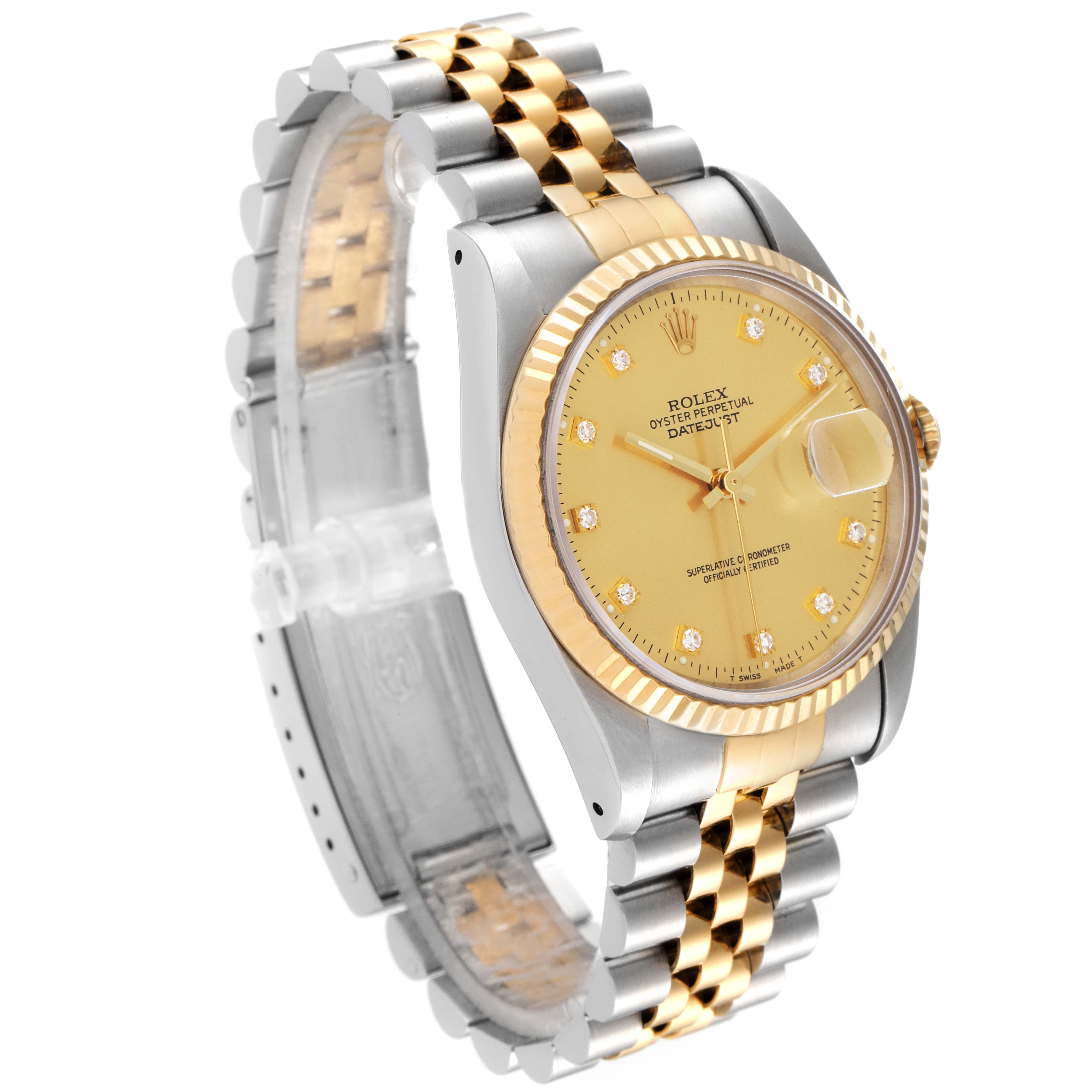 The image shows a Rolex Datejust 16233 Men's Steel and Gold (two tone) Champagne Dial 16233 Men's Steel and Gold (two tone) Champagne Dial watch at an angle highlighting its dial, bezel, and bracelet.