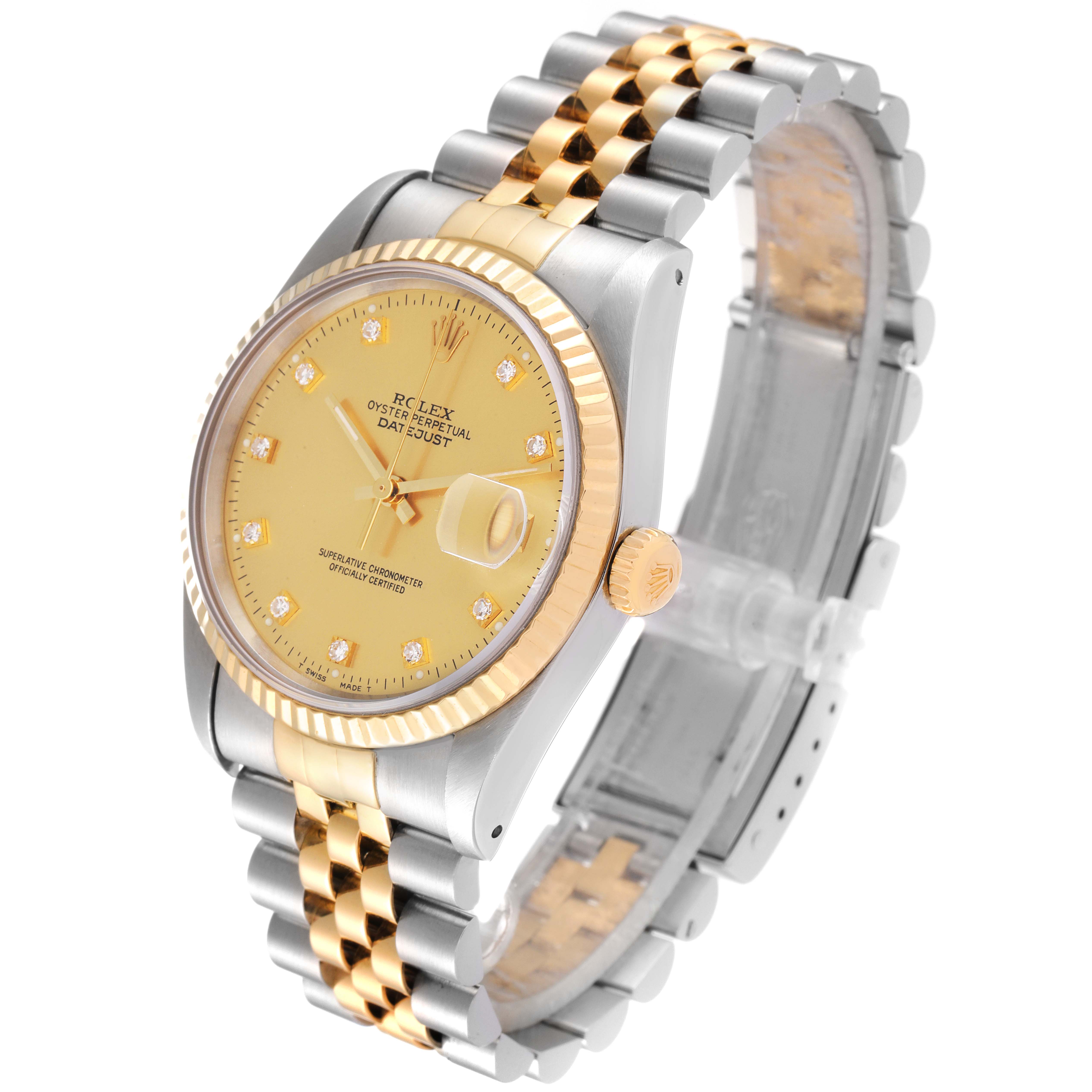 The image shows a Rolex Datejust 16233 Men's Steel and Gold (two tone) Champagne Dial 16233 Men's Steel and Gold (two tone) Champagne Dial watch at an angled front view, displaying the dial, bezel, bracelet, and crown.