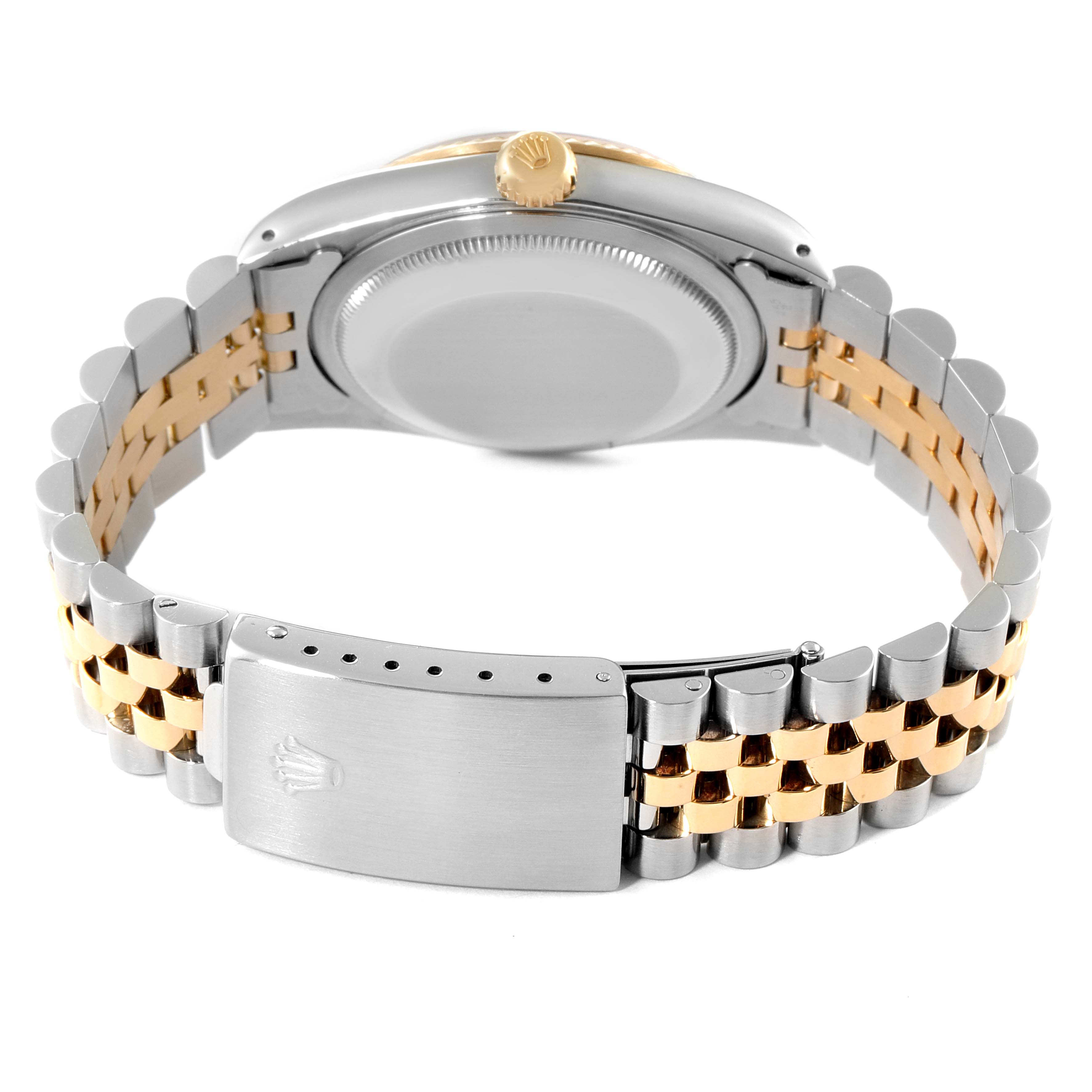 The image shows the back view of a Rolex Datejust 16233 Men's Steel and Gold (two tone) Champagne Dial 16233 Men's Steel and Gold (two tone) Champagne Dial watch, highlighting the clasp, bracelet, and the case back.