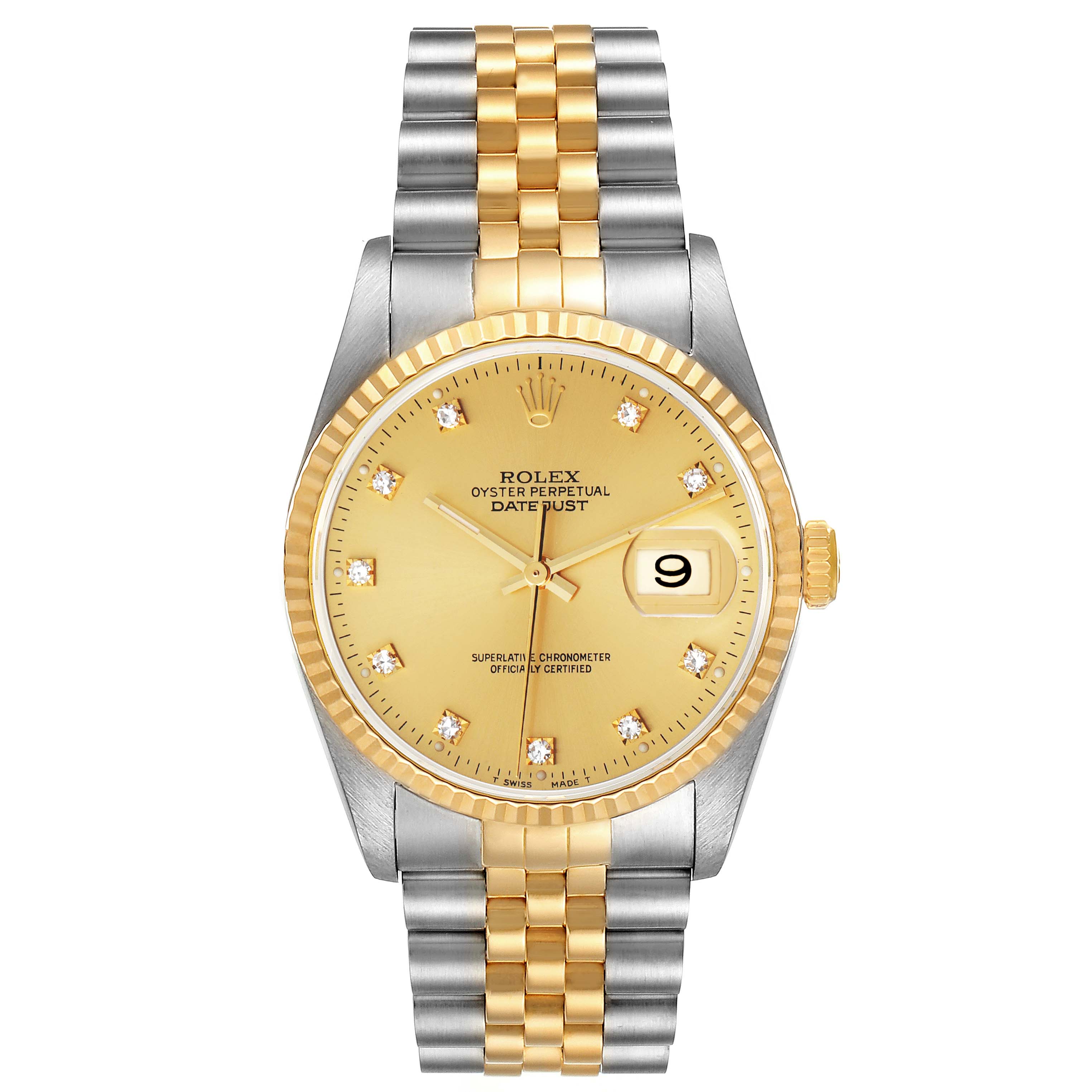 The Rolex Datejust 16233 Men's Steel and Gold (two tone) Champagne Dial 16233 Men's Steel and Gold (two tone) Champagne Dial watch is shown from the front, highlighting its bezel, face, hands, date window, and two-tone bracelet.
