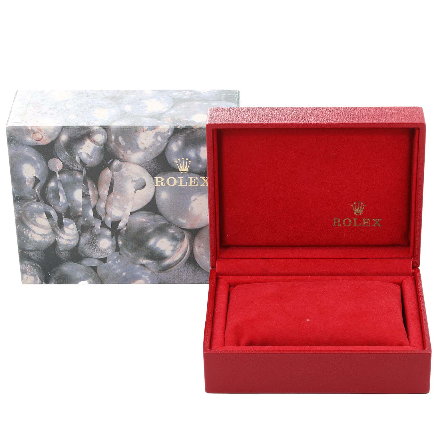 The image shows a Rolex Datejust 79173 Women's Steel and Gold (two tone) Champagne Dial 79173 Women's Steel and Gold (two tone) Champagne Dial watch box in red, along with its outer packaging displaying the brand logo.