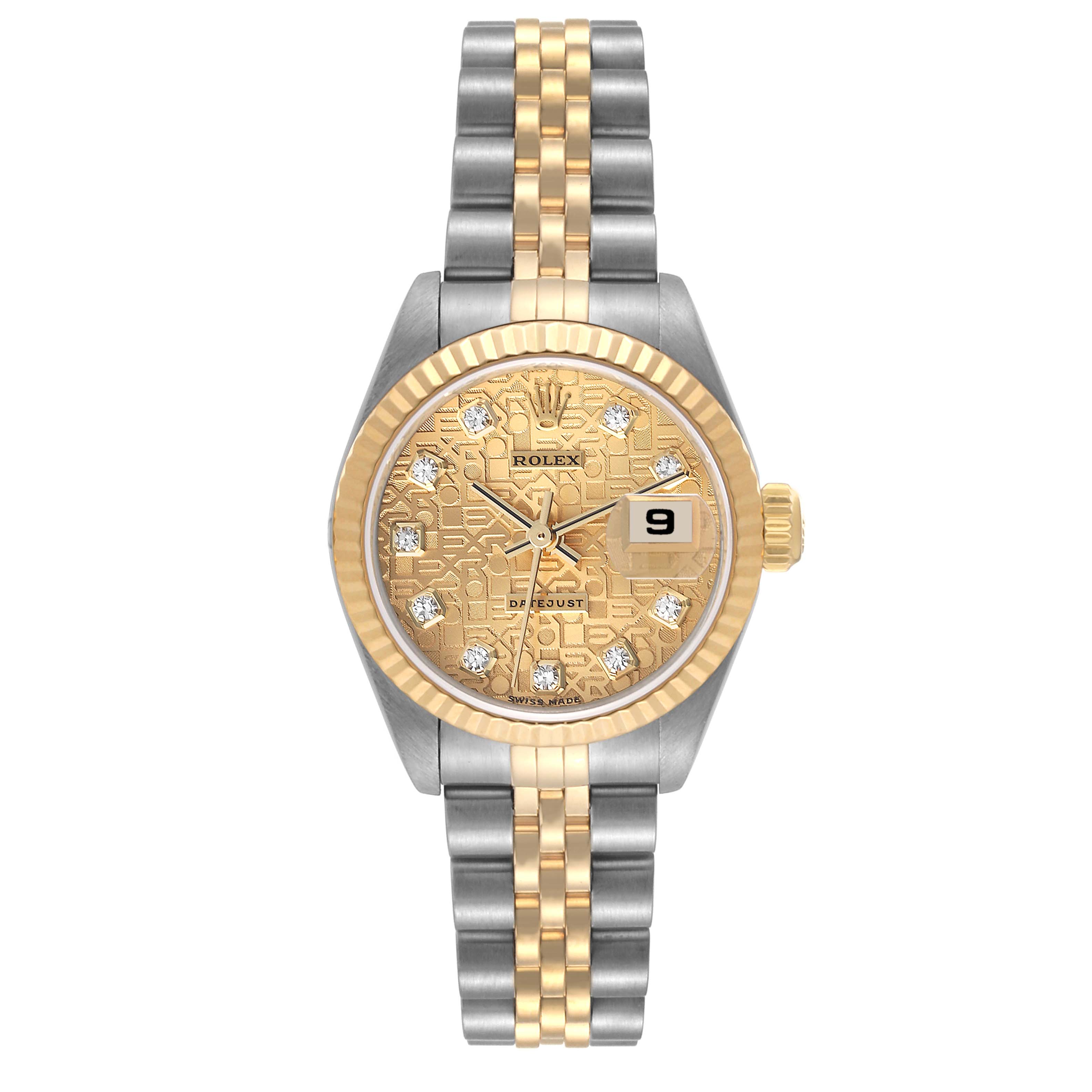 The image shows a Rolex Datejust 79173 Women's Steel and Gold (two tone) Champagne Dial 79173 Women's Steel and Gold (two tone) Champagne Dial watch from a front angle, featuring a two-tone bracelet, gold dial, and date window.