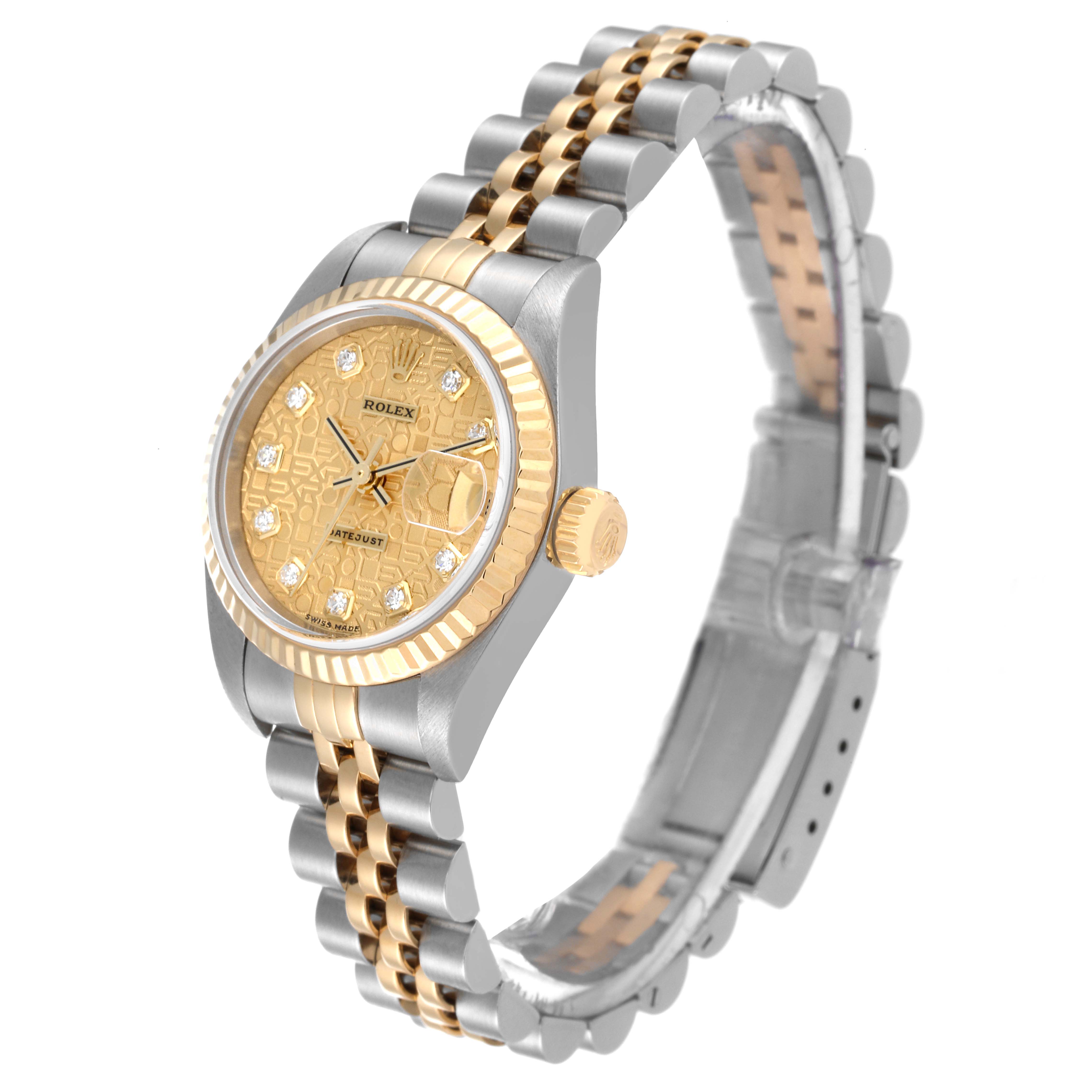 This Rolex Datejust 79173 Women's Steel and Gold (two tone) Champagne Dial 79173 Women's Steel and Gold (two tone) Champagne Dial watch is shown at a side angle highlighting the gold and silver two-tone bracelet, and the face with diamond hour markers.