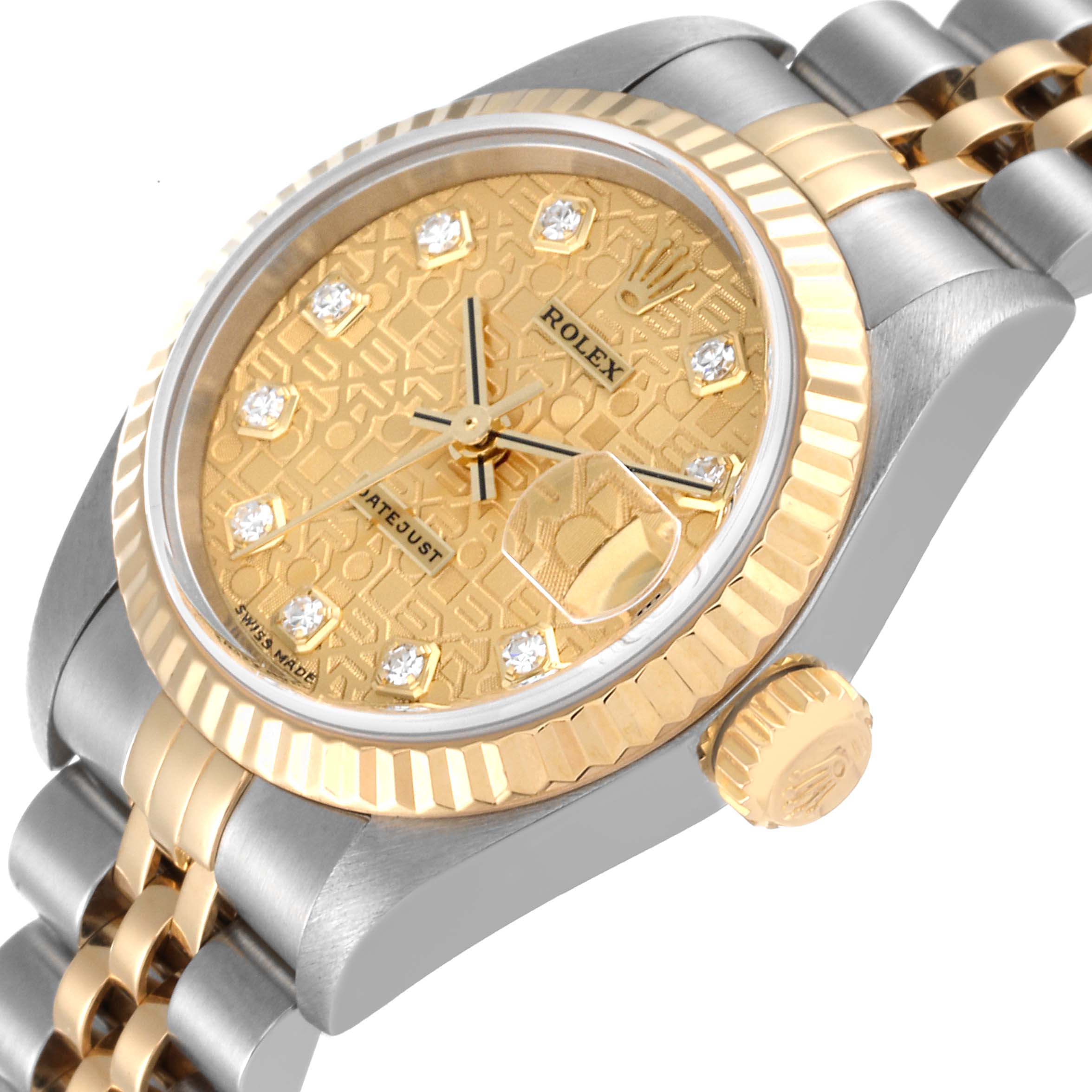 The image shows a close-up angle of a Rolex Datejust 79173 Women's Steel and Gold (two tone) Champagne Dial 79173 Women's Steel and Gold (two tone) Champagne Dial watch, highlighting the gold dial, bezel, and part of the bracelet.