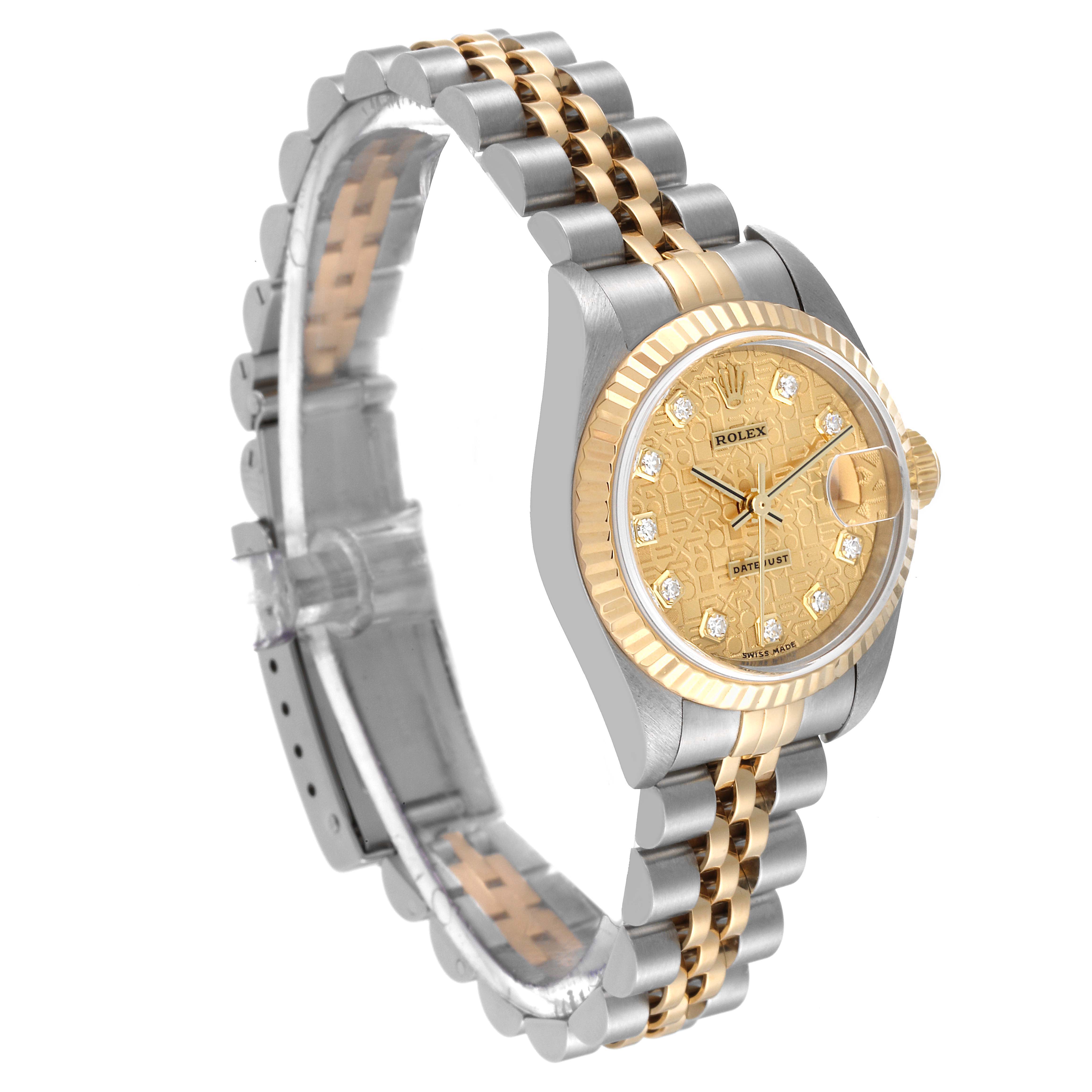The Rolex Datejust 79173 Women's Steel and Gold (two tone) Champagne Dial 79173 Women's Steel and Gold (two tone) Champagne Dial watch is shown from an angled side view, highlighting its two-tone bracelet and detailed face.