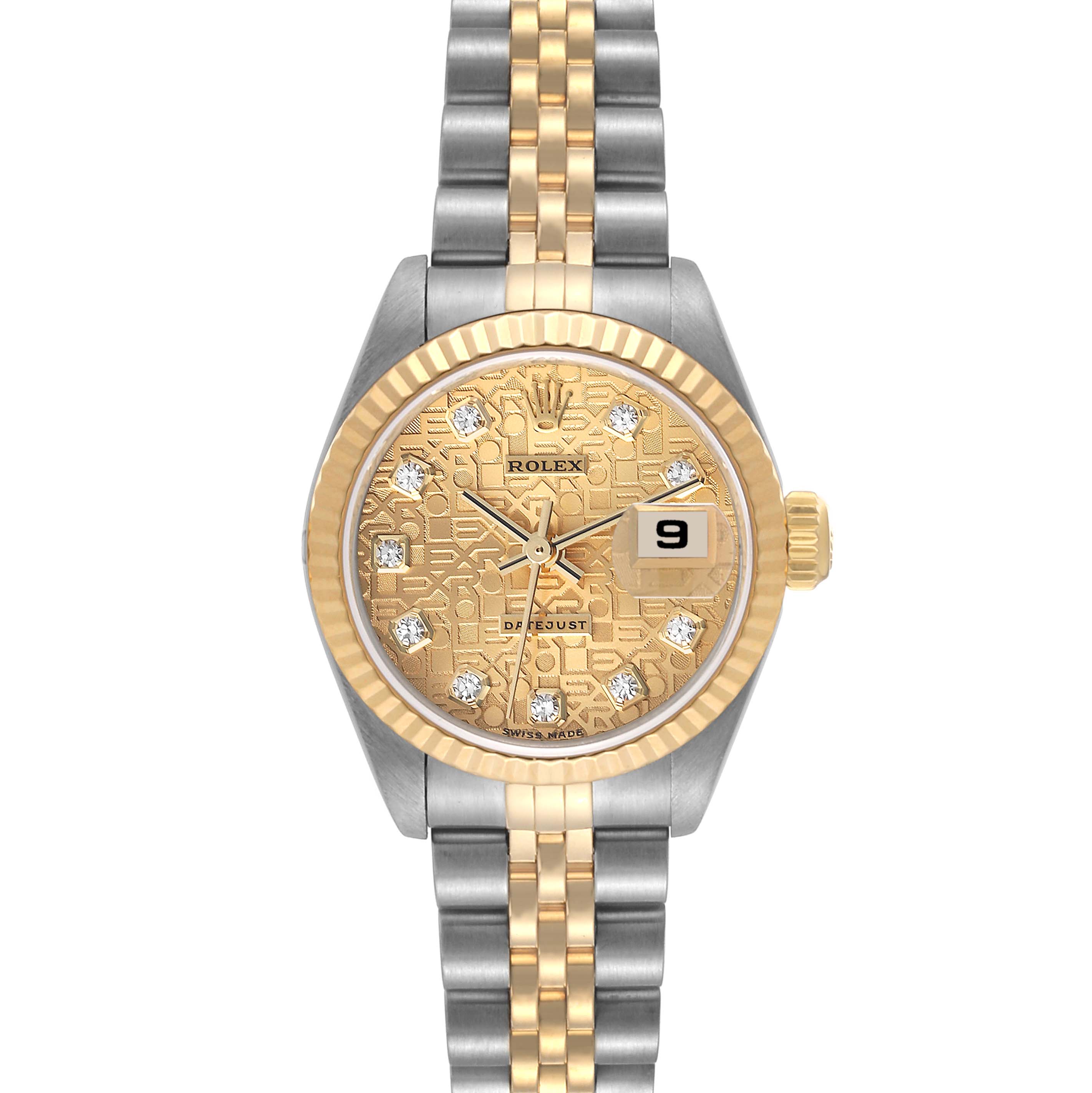 The image shows a frontal view of a Rolex Datejust 79173 Women's Steel and Gold (two tone) Champagne Dial 79173 Women's Steel and Gold (two tone) Champagne Dial watch with a two-tone bracelet and a gold, diamond-studded dial.