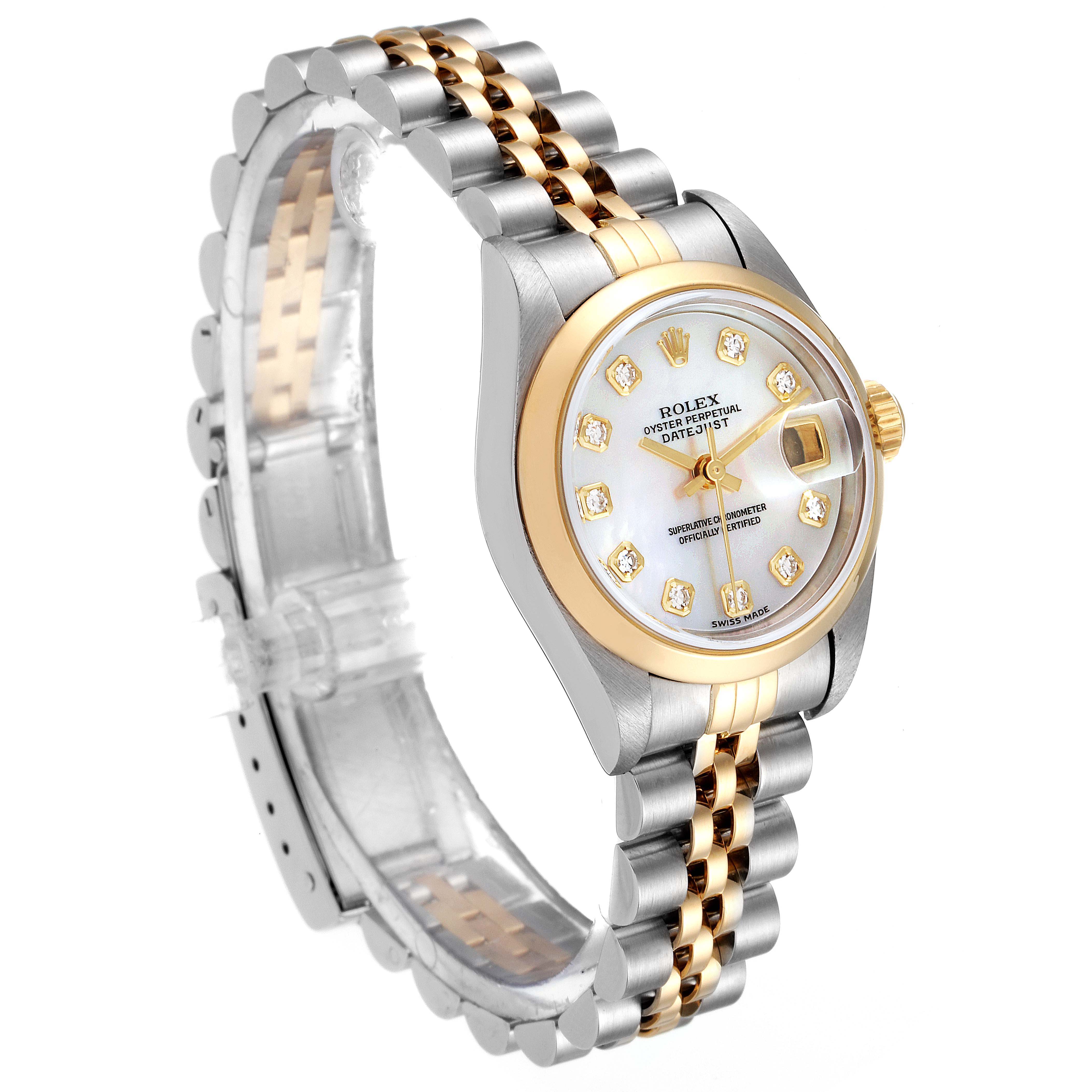 This image shows a side view of a Rolex Datejust 79163 Women's Steel and Gold (two tone) Mother of Pearl Dial 79163 Women's Steel and Gold (two tone) Mother of Pearl Dial watch, highlighting its dial, bezel, and two-tone bracelet.