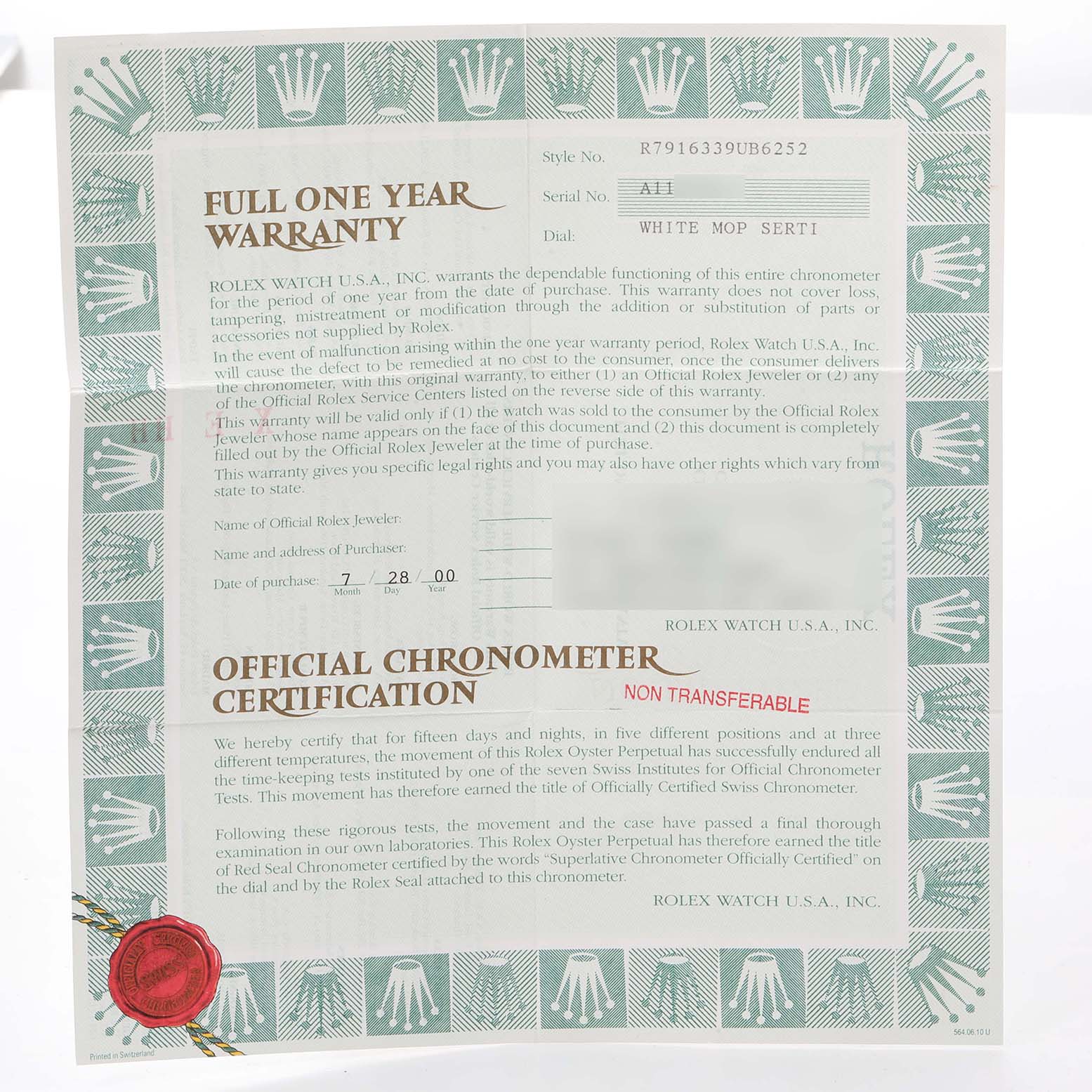 This image shows a warranty and official chronometer certification document for a Rolex Datejust 79163 Women's Steel and Gold (two tone) Mother of Pearl Dial 79163 Women's Steel and Gold (two tone) Mother of Pearl Dial watch.
