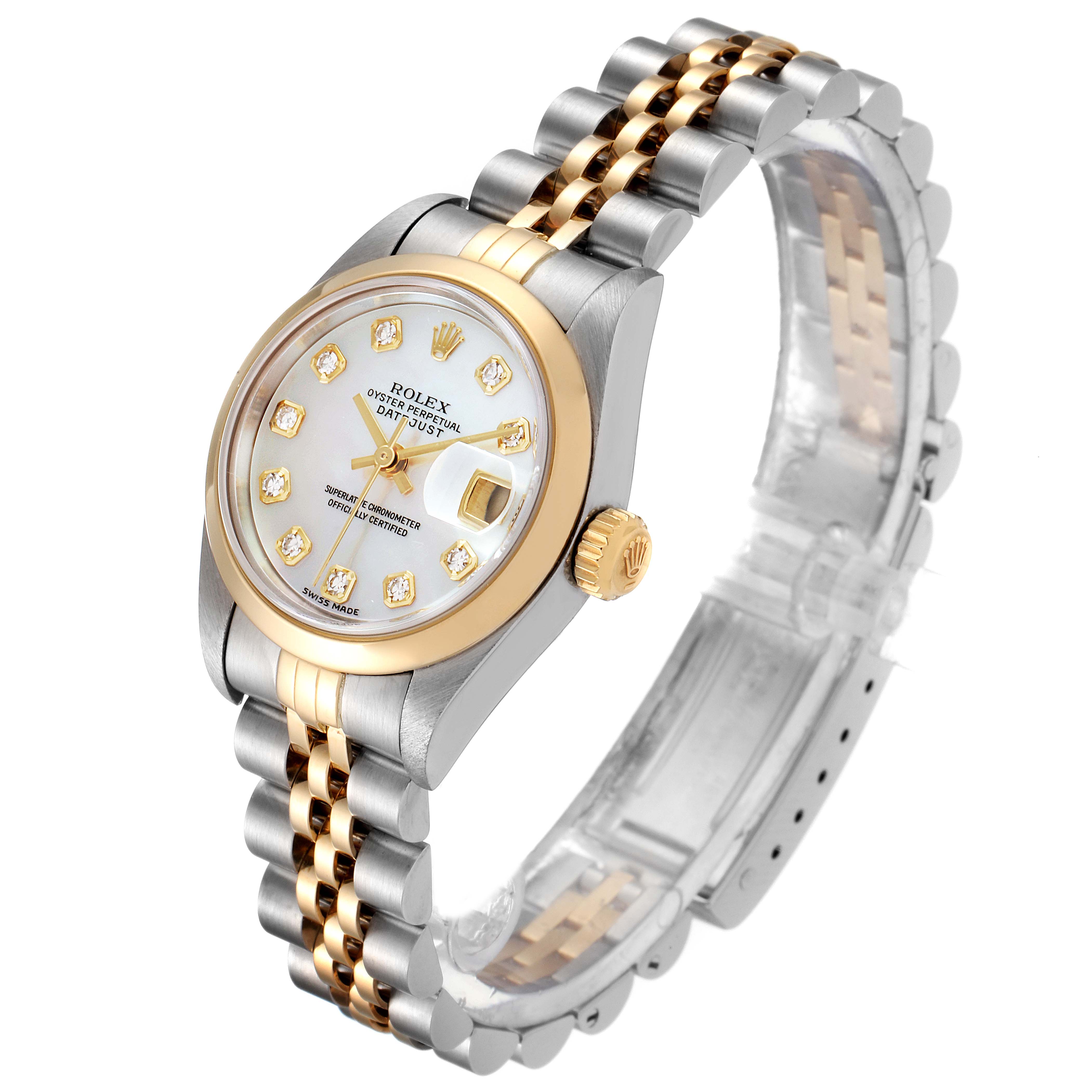 The image shows a Rolex Datejust 79163 Women's Steel and Gold (two tone) Mother of Pearl Dial 79163 Women's Steel and Gold (two tone) Mother of Pearl Dial watch angled from the front and side, highlighting its face, bezel, crown, and bracelet.