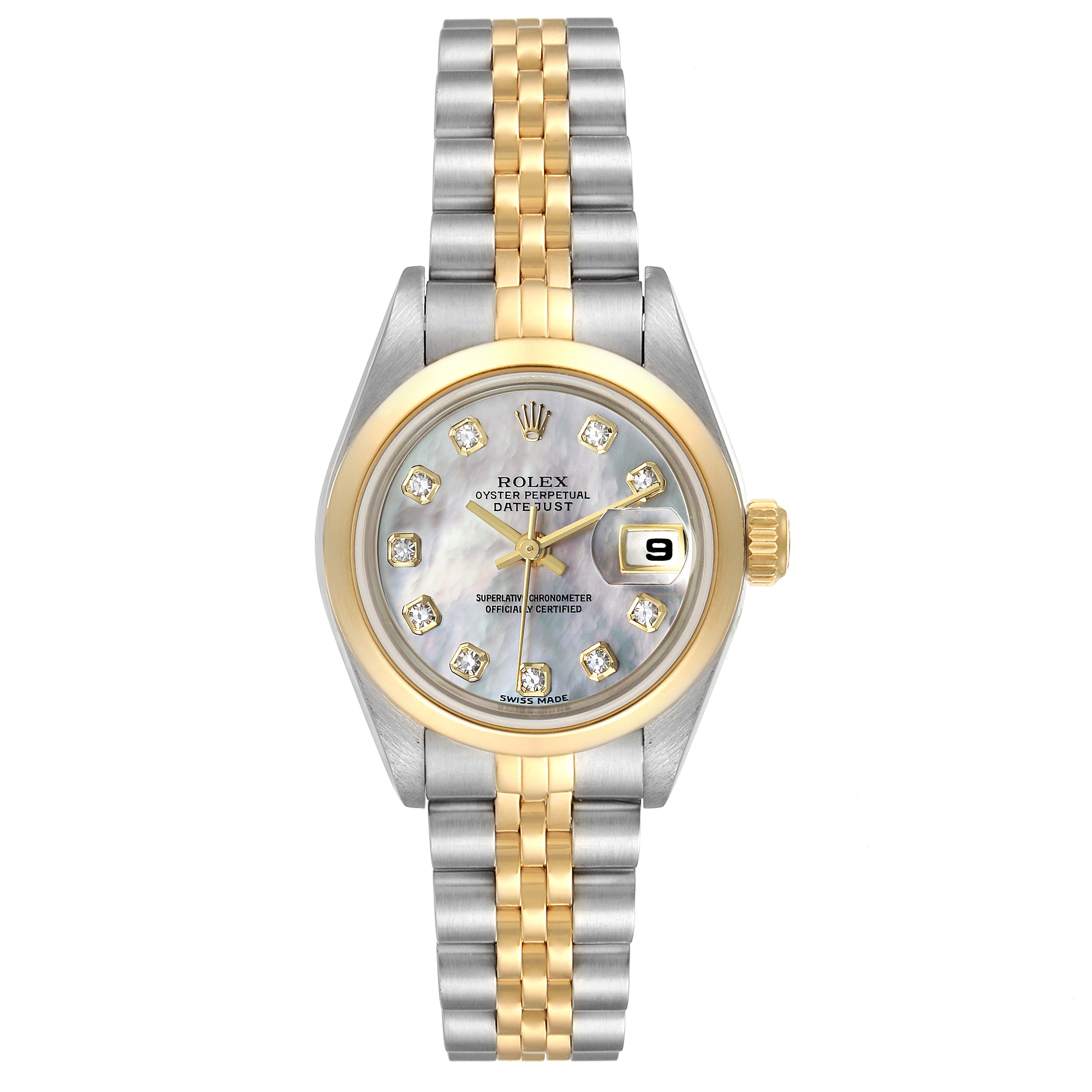 This image shows a Rolex Datejust 79163 Women's Steel and Gold (two tone) Mother of Pearl Dial 79163 Women's Steel and Gold (two tone) Mother of Pearl Dial watch from a direct front angle, highlighting its dial, bezel, and two-tone bracelet.