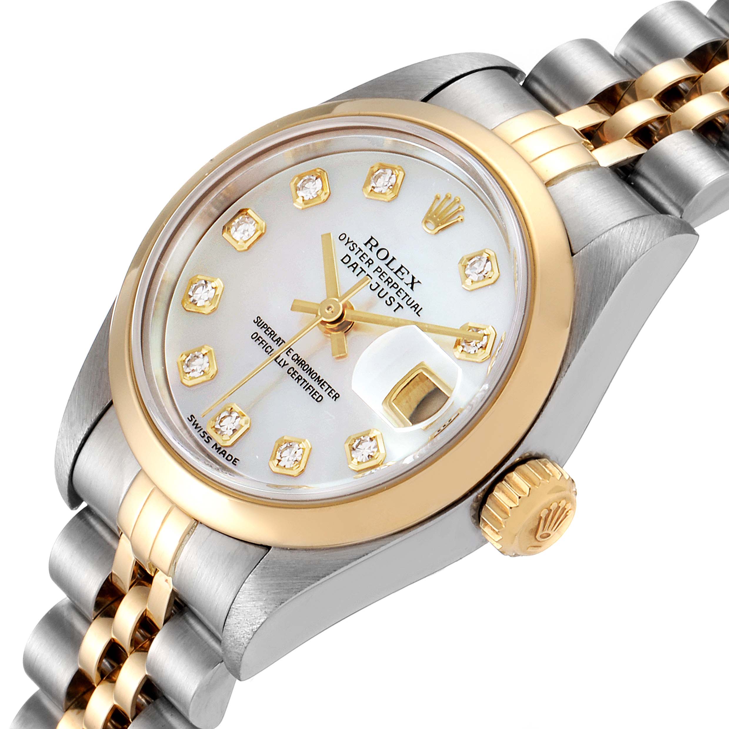The image shows a Rolex Datejust 79163 Women's Steel and Gold (two tone) Mother of Pearl Dial 79163 Women's Steel and Gold (two tone) Mother of Pearl Dial watch angled from the right side, highlighting the bezel, crown, and part of the bracelet.