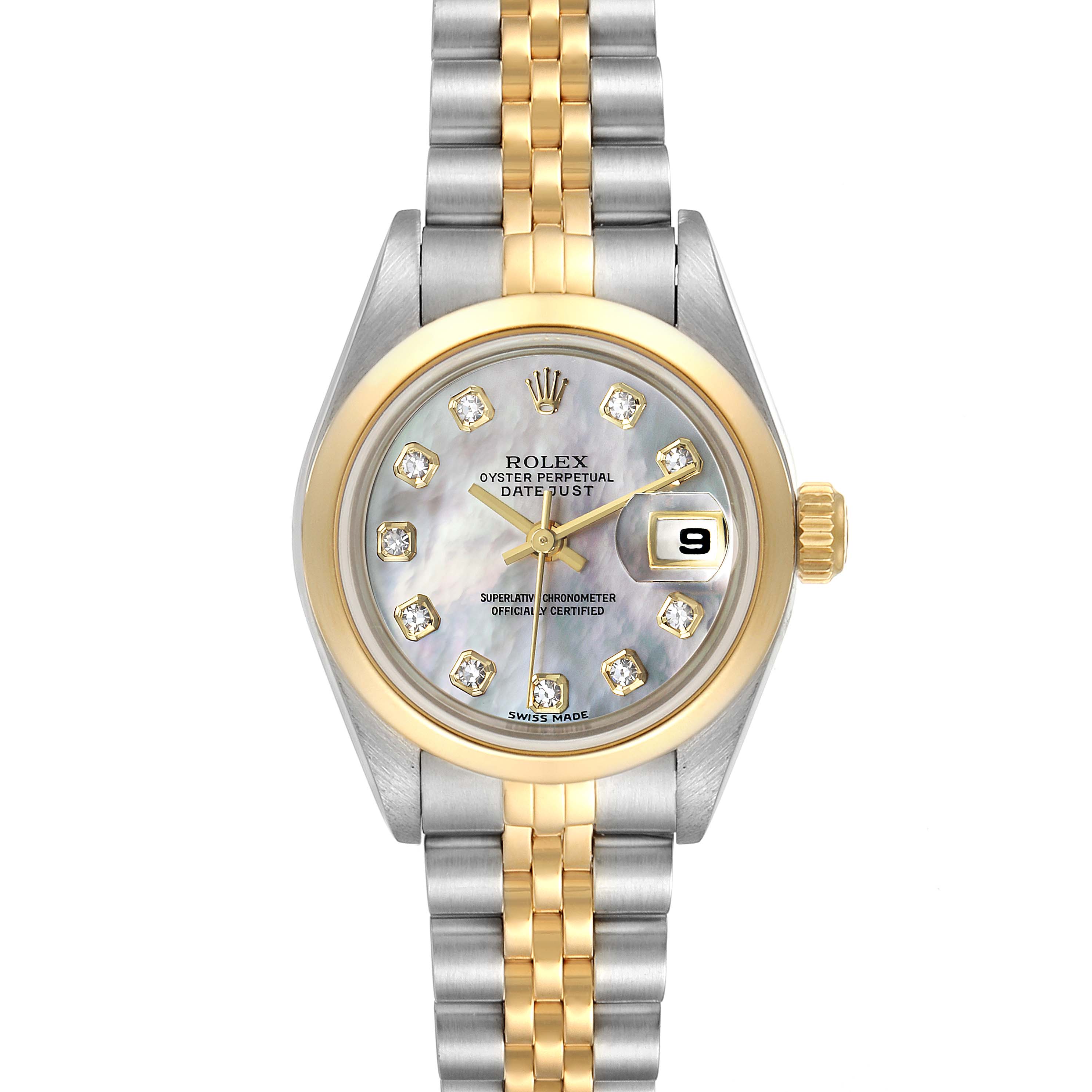 The image shows a front view of the Rolex Datejust 79163 Women's Steel and Gold (two tone) Mother of Pearl Dial 79163 Women's Steel and Gold (two tone) Mother of Pearl Dial watch, displaying the face, bezel, crown, and bracelet.