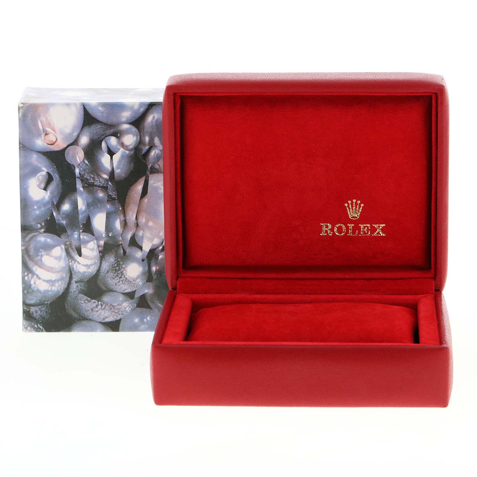 The image shows an open, empty red Rolex Datejust 69173 Women
s Steel and Gold (two tone) Champagne Dial 69173 Women
s Steel and Gold (two tone) Champagne Dial watch box positioned at a front angle.