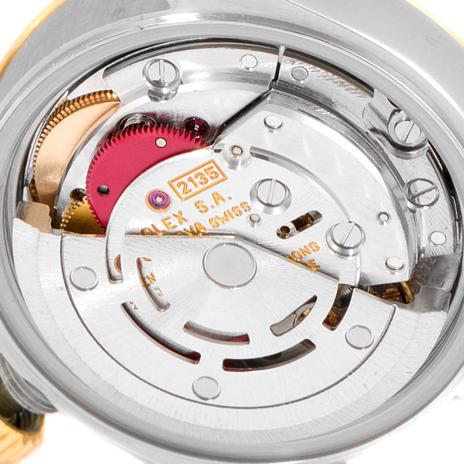 This image shows a close-up view of the internal mechanism of a Rolex Datejust 69173 Women
s Steel and Gold (two tone) Champagne Dial 69173 Women
s Steel and Gold (two tone) Champagne Dial watch.