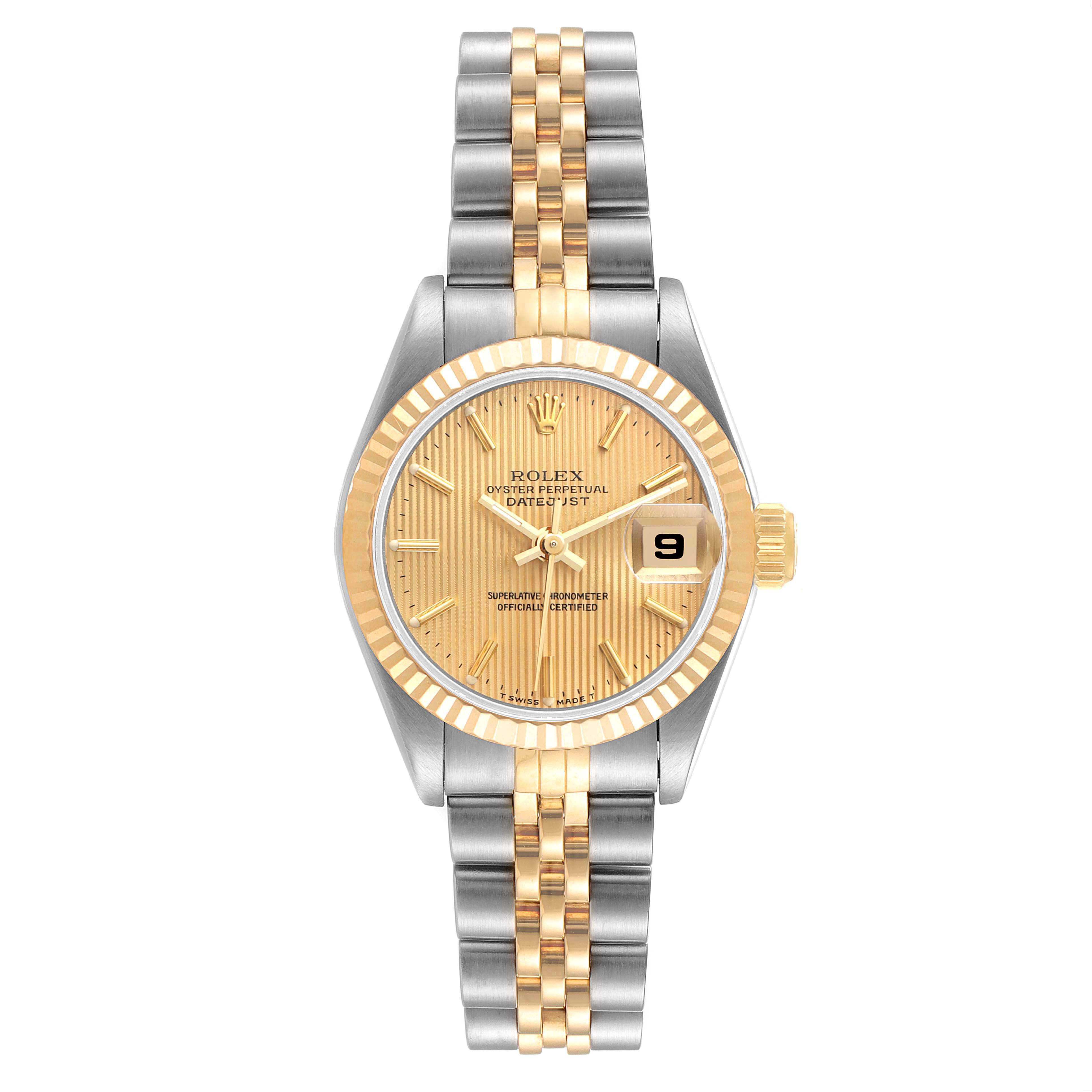 This image shows a front view of a Rolex Datejust 69173 Women
s Steel and Gold (two tone) Champagne Dial 69173 Women
s Steel and Gold (two tone) Champagne Dial watch, highlighting its gold dial, fluted bezel, and two-tone bracelet.
