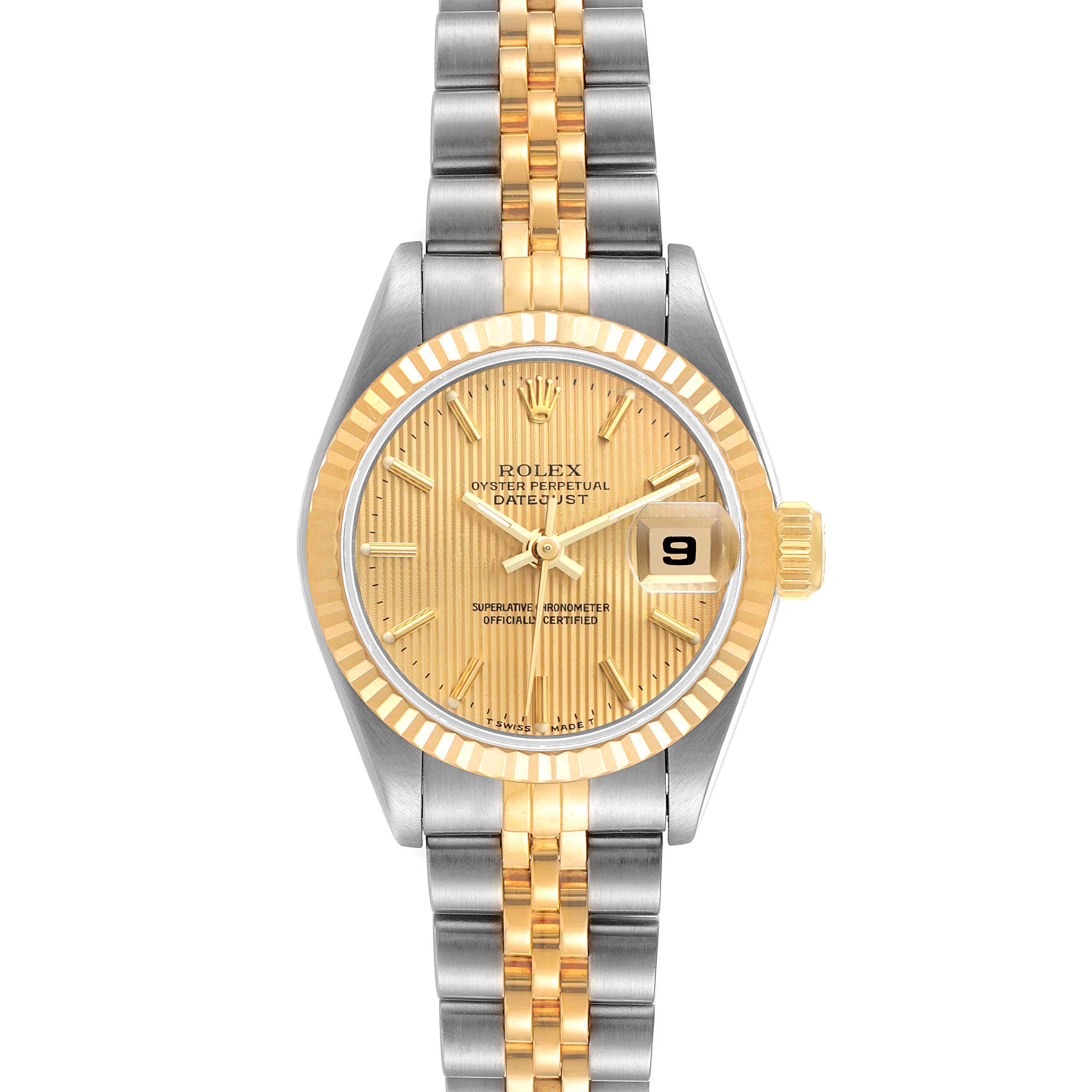 The image shows a front view of the Rolex Datejust 69173 Women
s Steel and Gold (two tone) Champagne Dial 69173 Women
s Steel and Gold (two tone) Champagne Dial watch, highlighting its gold dial, date window, and two-tone bracelet.