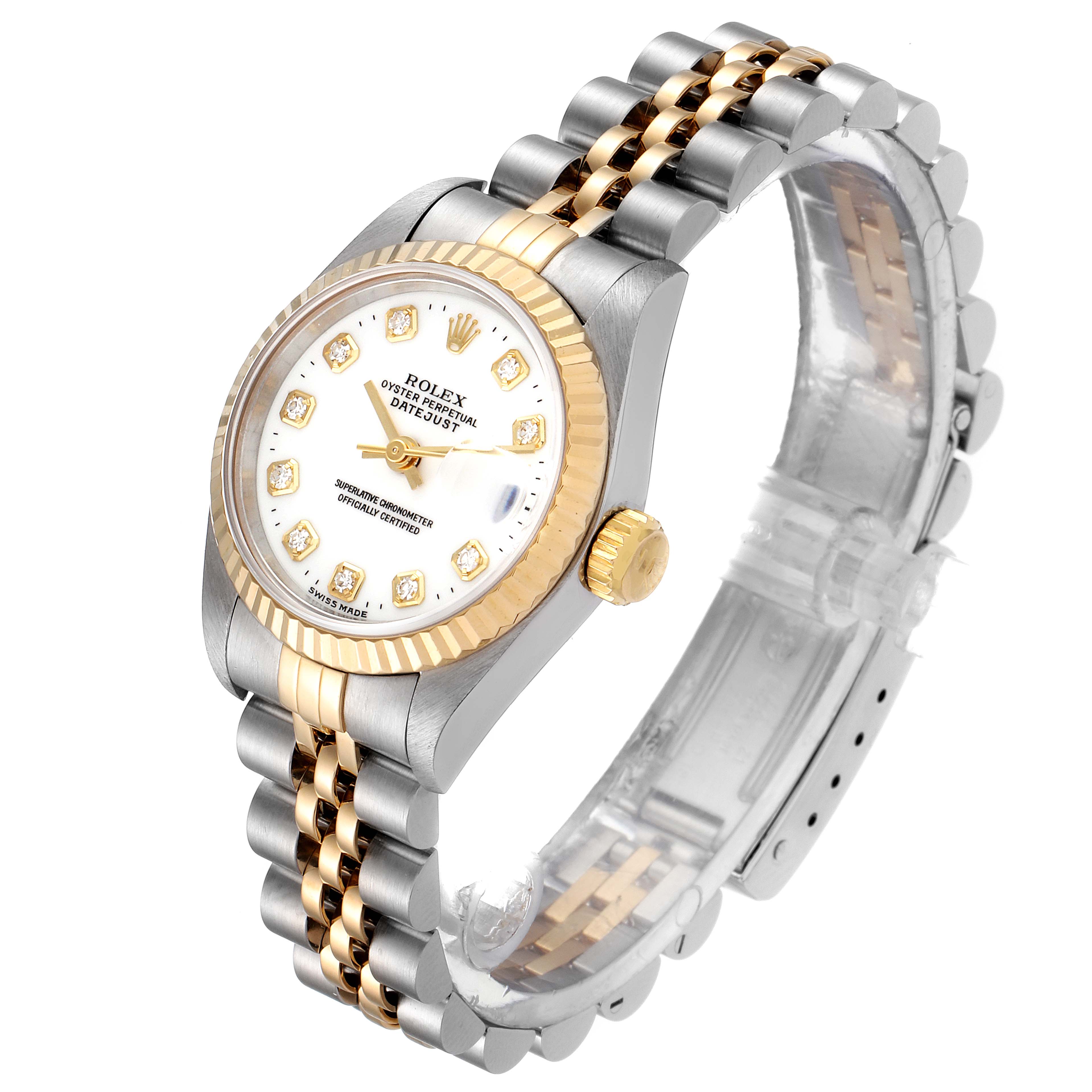 This image shows a Rolex Datejust 69173 Women's Steel and Gold (two tone) White Dial 69173 Women's Steel and Gold (two tone) White Dial watch at a three-quarter angle, highlighting its bezel, dial, crown, and two-tone Jubilee bracelet.