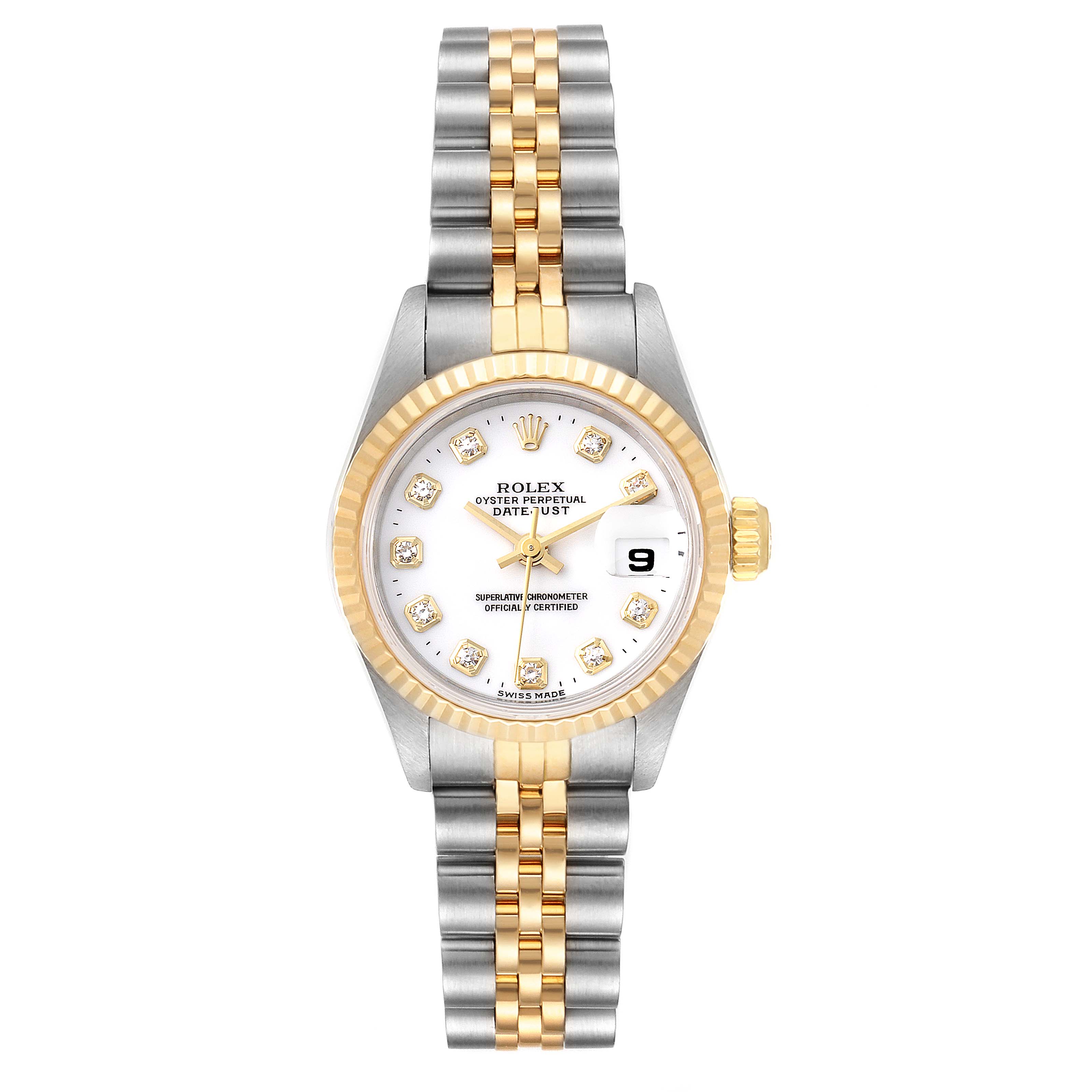 The image shows a front view of a Rolex Datejust 69173 Women's Steel and Gold (two tone) White Dial 69173 Women's Steel and Gold (two tone) White Dial watch with a two-tone bracelet, a fluted bezel, and a white dial with diamond hour markers.