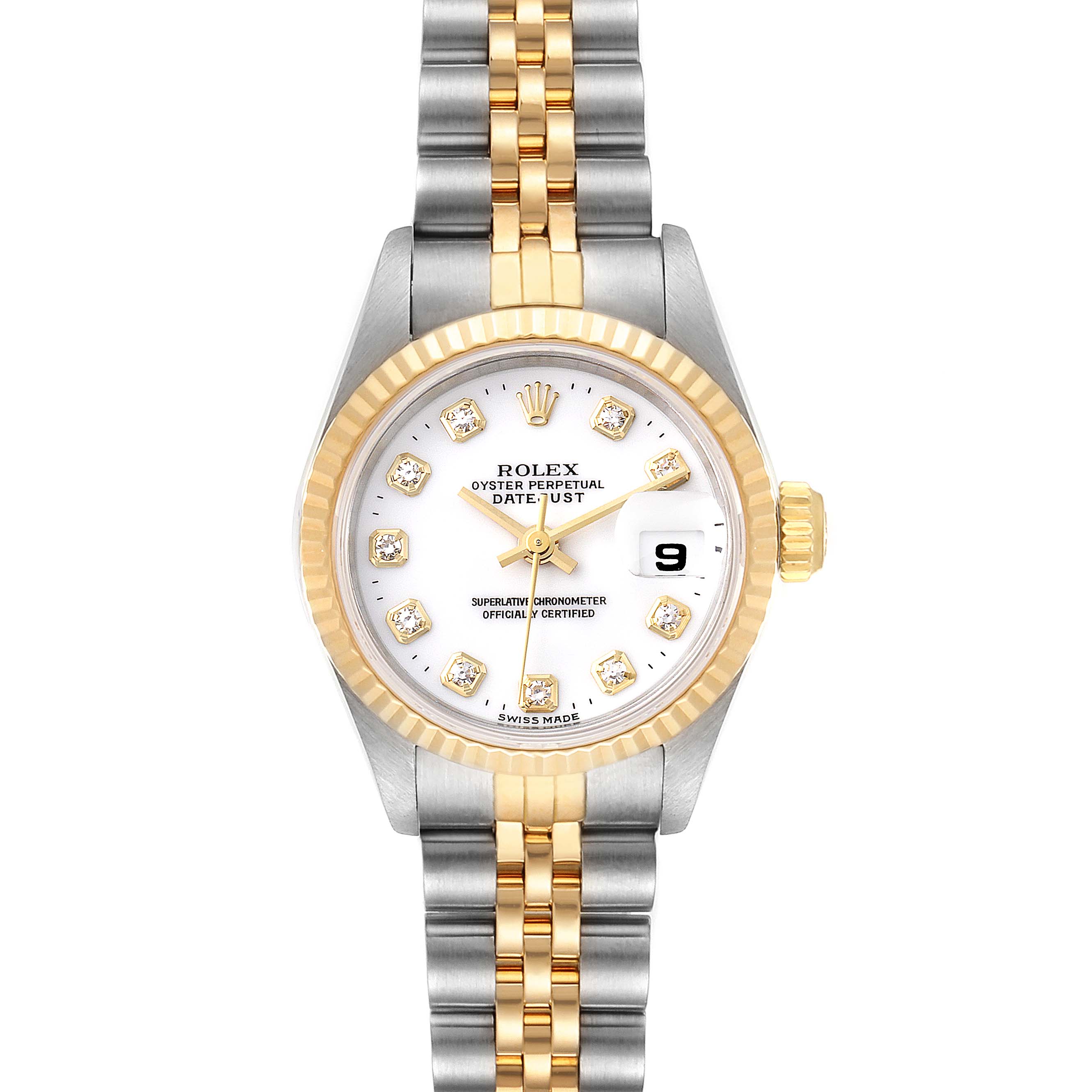 The image shows a front view of a Rolex Datejust 69173 Women's Steel and Gold (two tone) White Dial 69173 Women's Steel and Gold (two tone) White Dial watch, displaying its dial, bezel, and two-tone bracelet.