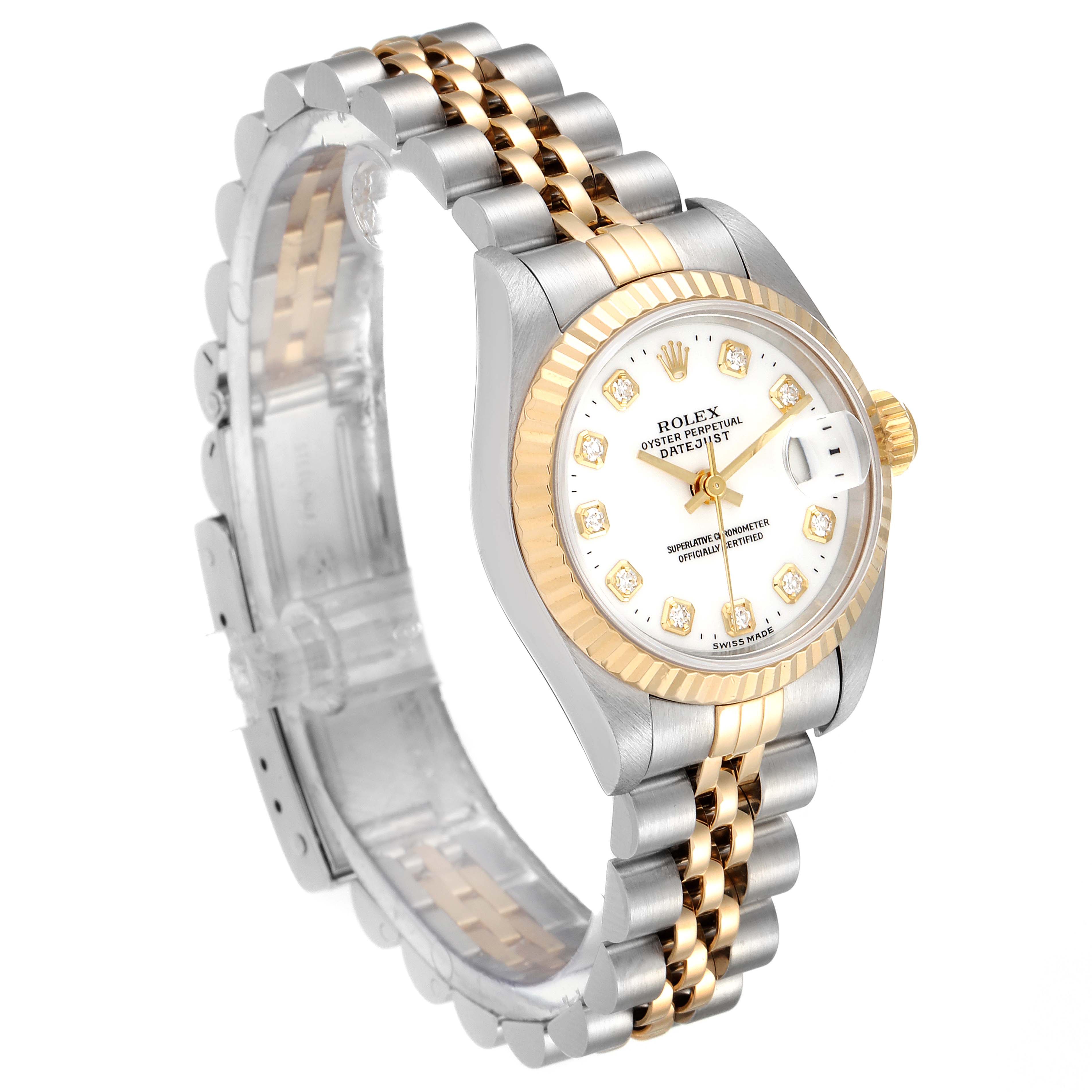 The image shows a Rolex Datejust 69173 Women's Steel and Gold (two tone) White Dial 69173 Women's Steel and Gold (two tone) White Dial watch at an angled view, highlighting its bezel, dial, and bracelet.