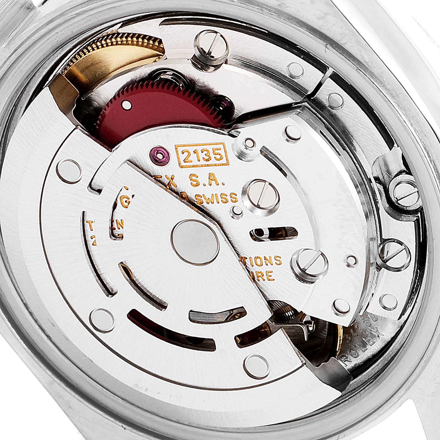 The image shows the detailed internal mechanism of a Rolex Datejust 69173 Women's Steel and Gold (two tone) White Dial 69173 Women's Steel and Gold (two tone) White Dial watch, specifically its movement, from a close-up angle.