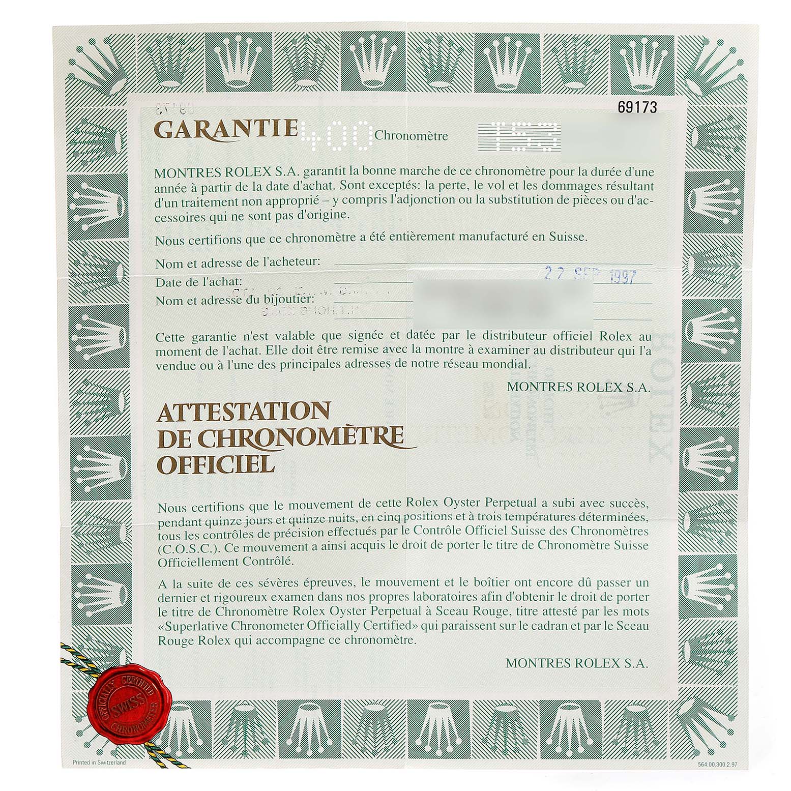 This is a warranty certificate and official chronometer certification for the Rolex Datejust 69173 Women's Steel and Gold (two tone) White Dial 69173 Women's Steel and Gold (two tone) White Dial model watch.