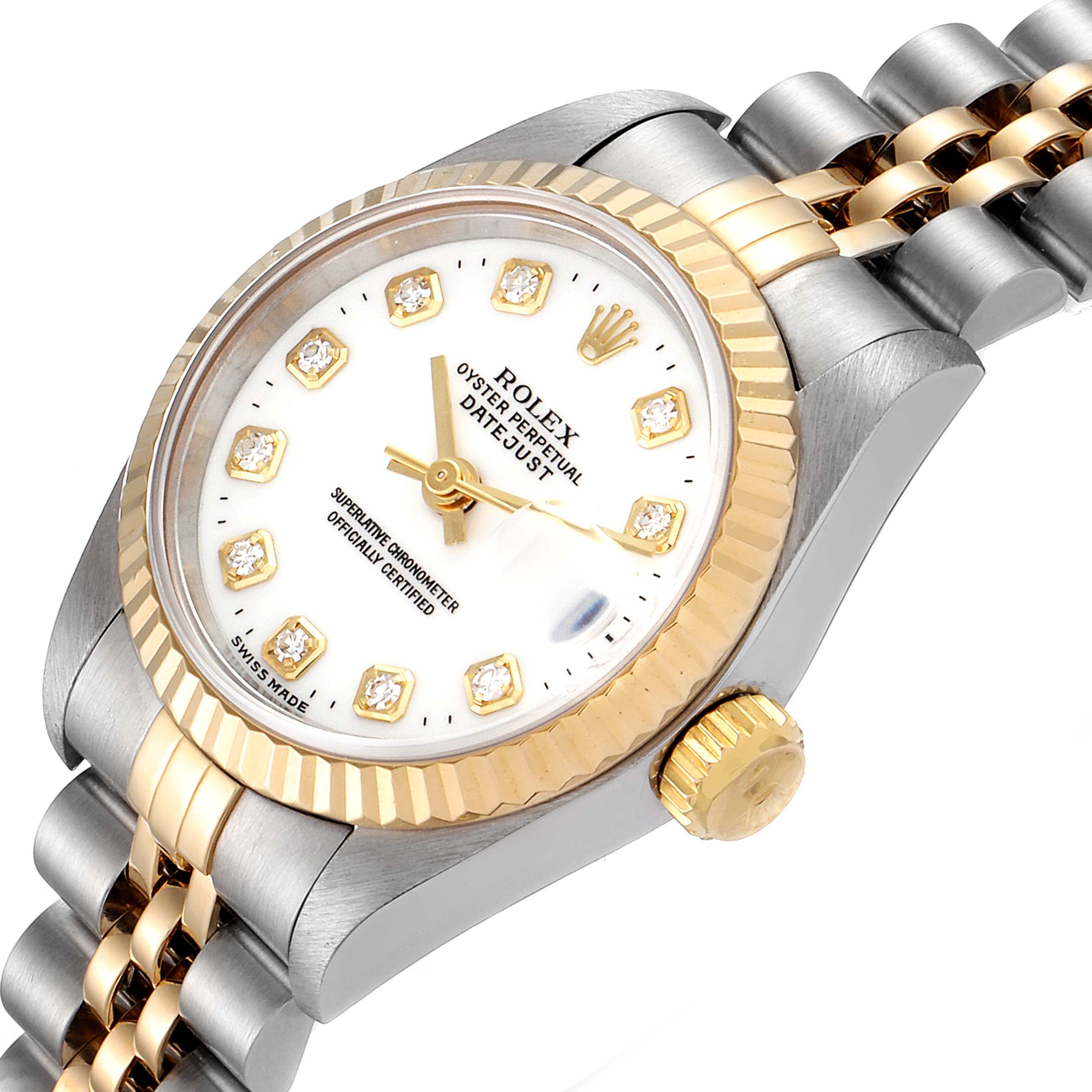 The image shows a Rolex Datejust 69173 Women's Steel and Gold (two tone) White Dial 69173 Women's Steel and Gold (two tone) White Dial watch at an oblique angle, highlighting the face, bezel, crown, and part of the bracelet.