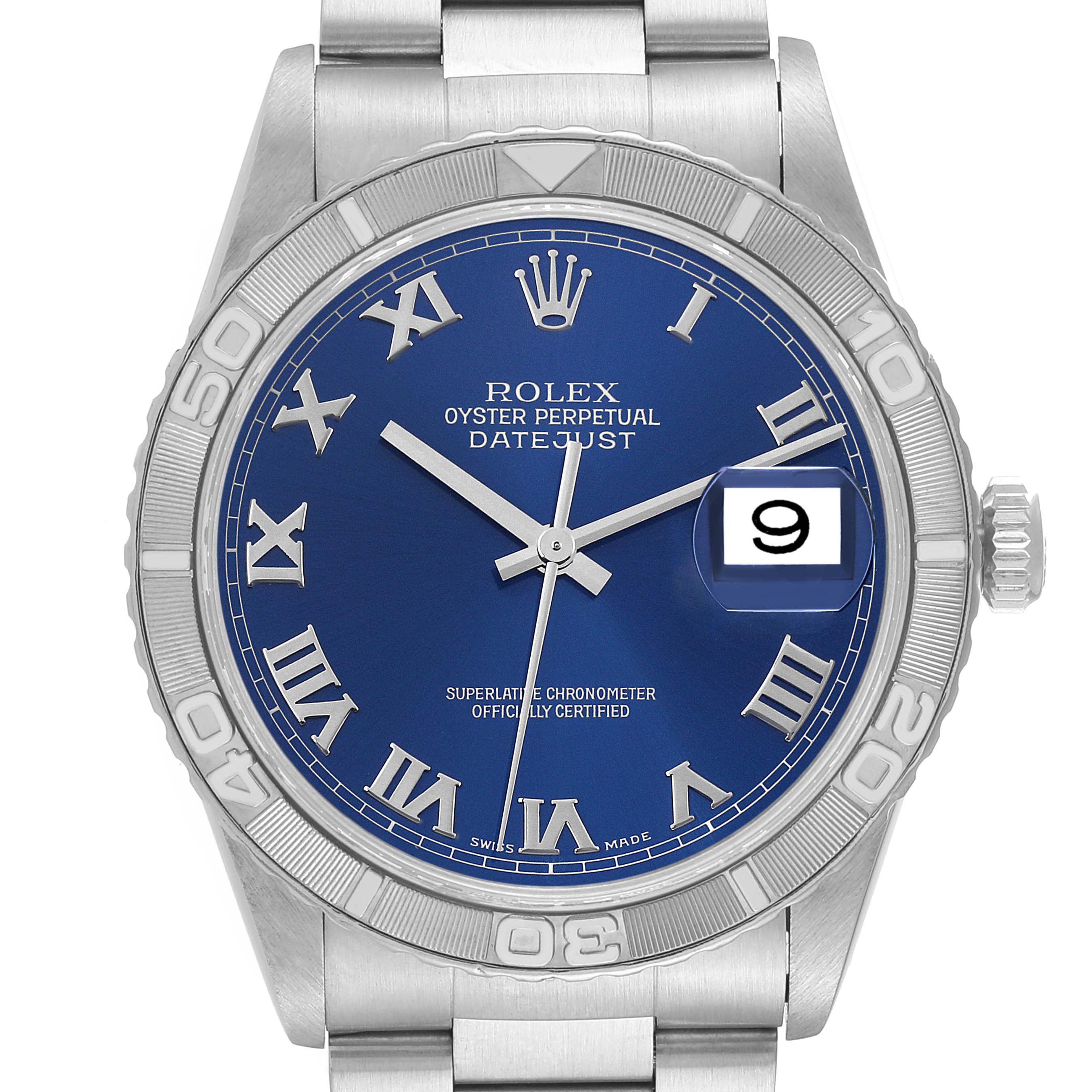 The image displays a Rolex Turn-o-Graph 16264 Men's Stainless Steel Blue Dial 16264 Men's Stainless Steel Blue Dial watch, showcasing the full dial, bezel, and part of the bracelet.